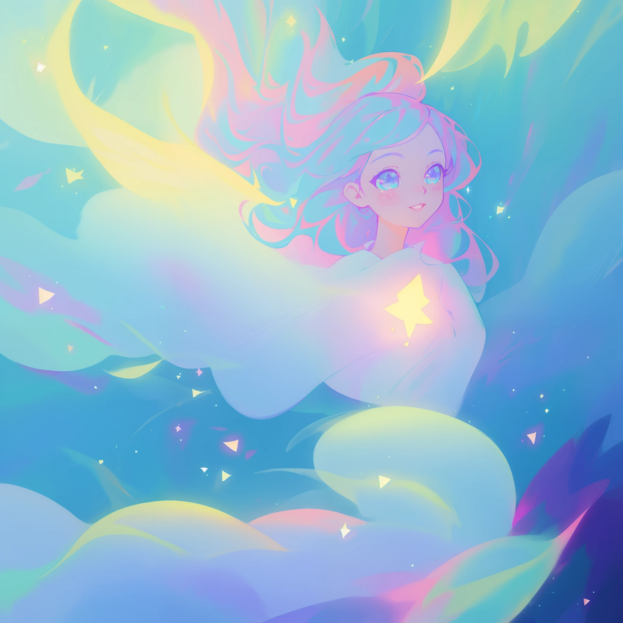 (very beautiful naked girl),cute young girl, very long black hair,pastel colors,kawaiitech,cats,stars,bare breasts,glowing stars,sparkles,ultra detailed,clouds,nebula,galaxy,perfect face