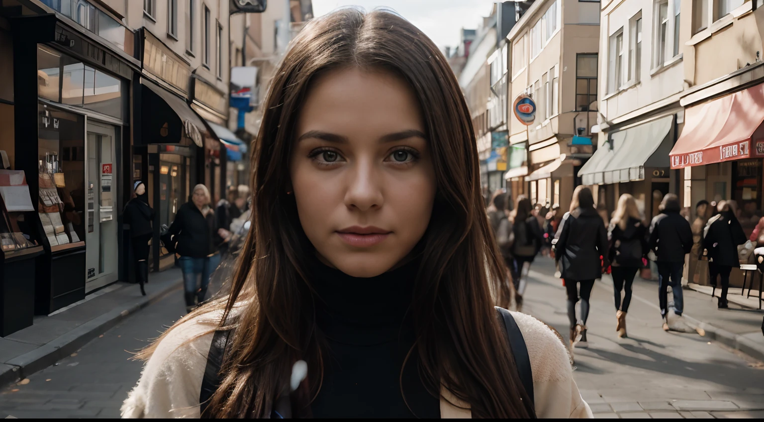 A close photo portrait of beautiful stunning gorgeous swedish woman as a singer  in a day in November on the early afternoon city street, 8k, HDR, film grain Fujifilm XT3 (high definition skin:1.2),