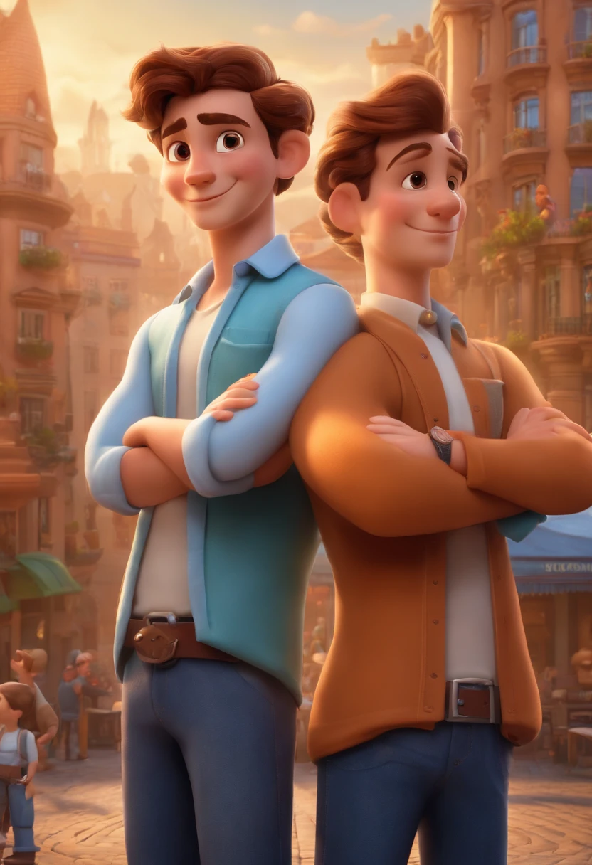 character, identical twin brothers, men, arms crossed, young man, 15 years old, builder style, wearing jeans and a light blue long-sleeved shirt, 3d mascot, disney pixar style, in the background a beautiful city with buildings, scene blur. mascots in the foreground in high quality