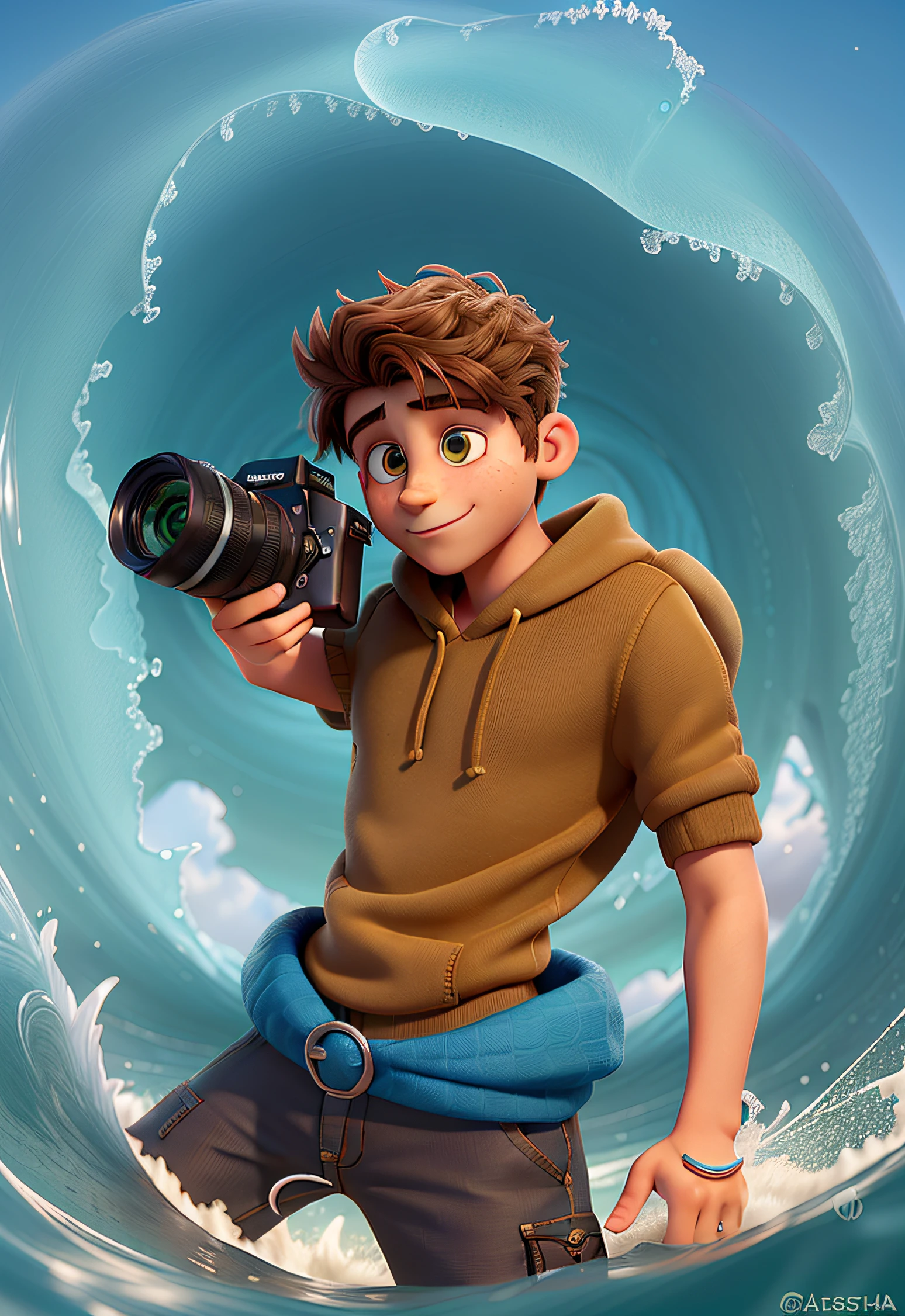 (CApa de filme estilo monstros SA), ((1Young man, fotografo, cabelos compridos na altura do ombro, com pontas loiras, olhos castanhos), expressao extrovertida, With a camera in his hand, surfando em ondas