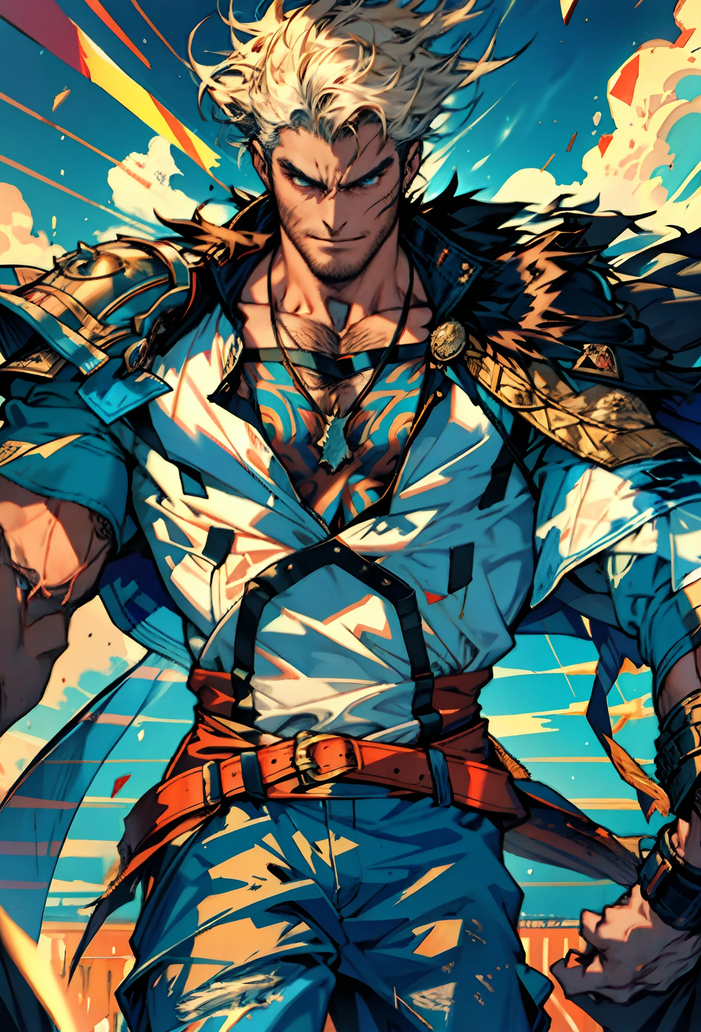 A middle-aged man of about 40, long hair in a striking red and black combination, wild and disheveled hairstyle, a fierce gaze, a confident smile, A lightning-shaped tattoo adorns his left face , a sturdy physique, a majestic fantasy-style coat with short sleeves, a form-fitting scale armor undershirt, Black fur shawl, wrist guards on his wrists, coarse cloth pants, e stands tall like a divine figure against a background of crumbling earth, with floating debris all around, this character embodies a finely crafted child with a fantasy-style dominant in anime style, characterized by an exquisite and mature manga illustration art style, high definition, best quality, highres, ultra-detailed, ultra-fine painting, extremely delicate, professional, anatomically correct, symmetrical face, extremely detailed eyes and face, high quality eyes, creativity, RAW photo, UHD, 8k, Natural light, cinematic lighting, masterpiece-anatomy-perfect, masterpiece:1.5
