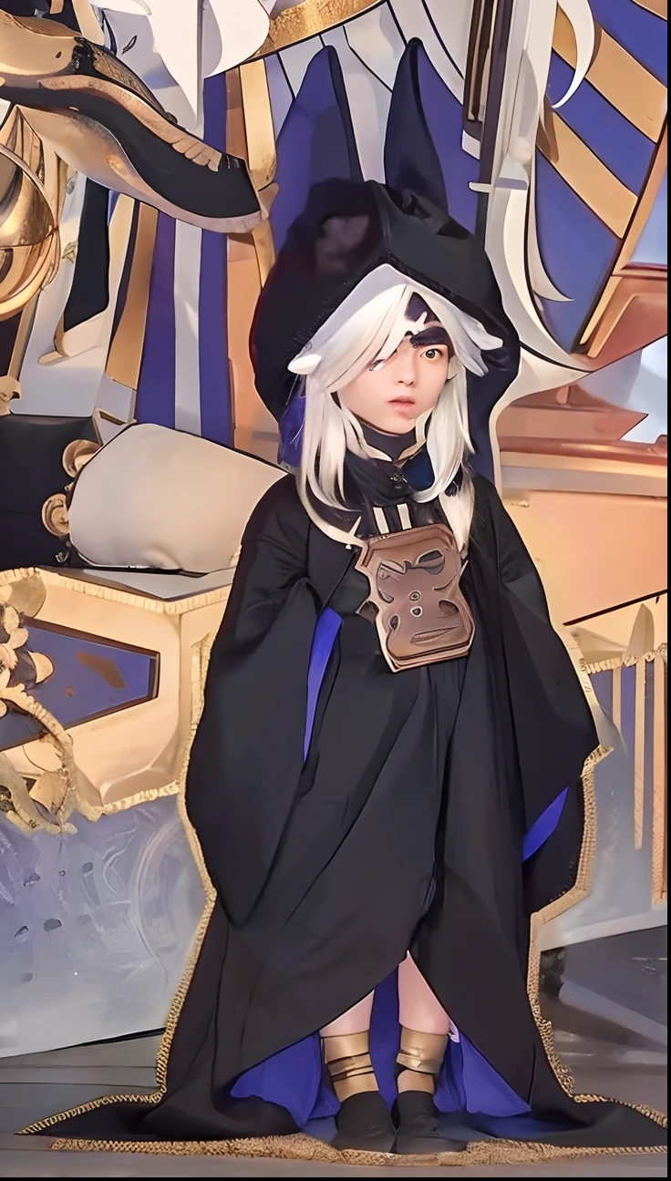 1boy, Cyno Genshin Impact, black robe with headgear, short hair, white hair, big eye, realistic, ultra detail, 70mm lens,