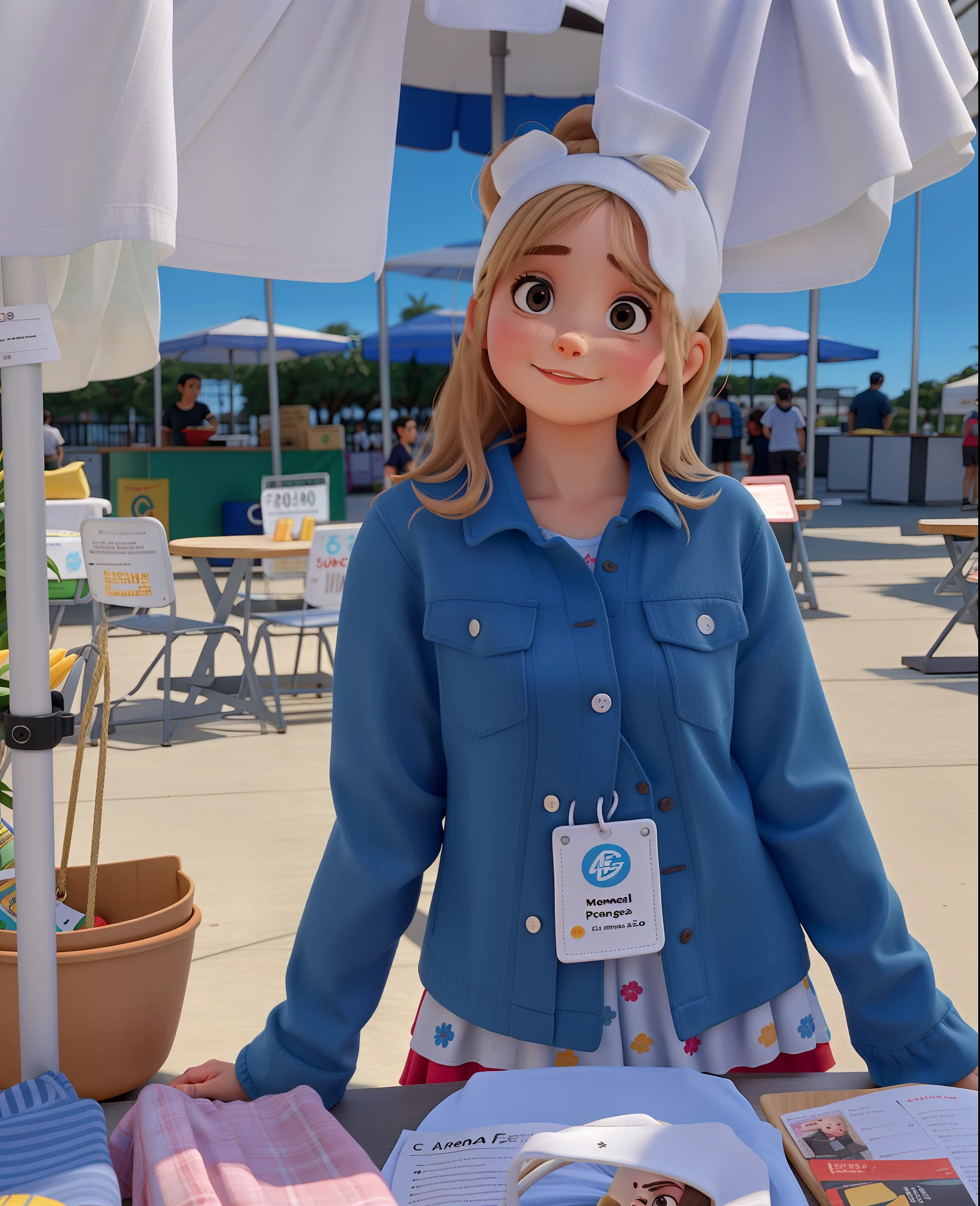Uma menina na feira com roupas para criancas