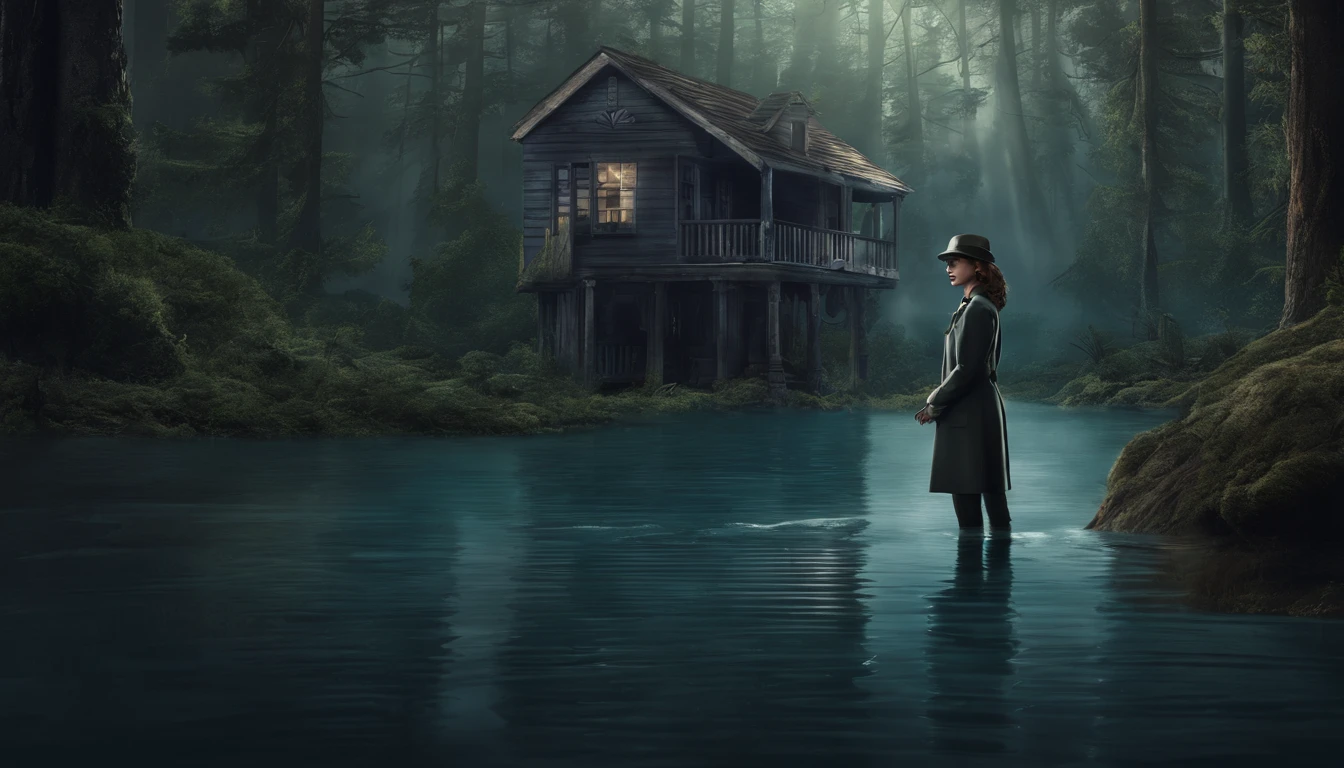 woman fbi agent standing in water in the dark forest with flashlight with a haunted hut in the background