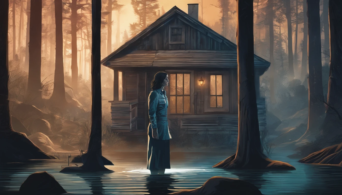 woman fbi agent standing in water in the dark forest with flashlight with a haunted hut in the background