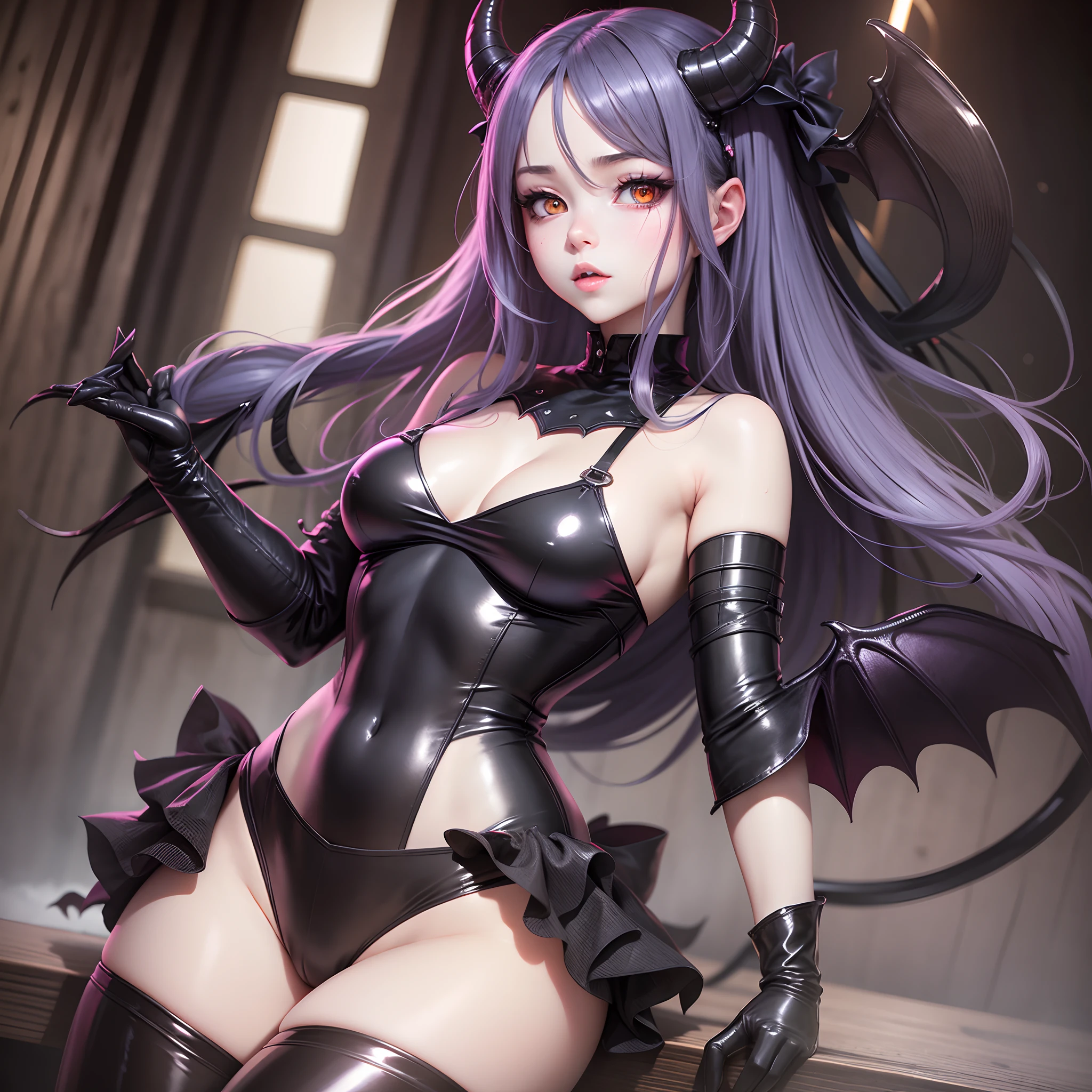 Succubus, Little horn, little bat wings, pale skin, totally black eyes, anime style, wide hip, extreme beauty, full body, black leather leotard, sauna background --auto --s2