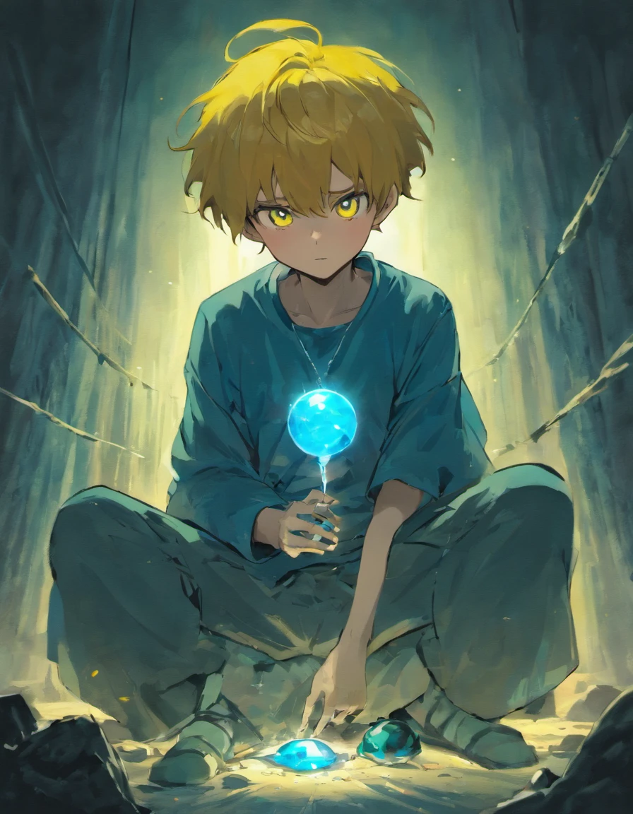 1boy, orphan, sitting on ground, holding a glowing blue pearl, shocked, shabby cloths, looking at the Perl, solo, full body, yellow eyes, sitting on ground, garbage's around him, messy hair, black hair, ripped old cloth
