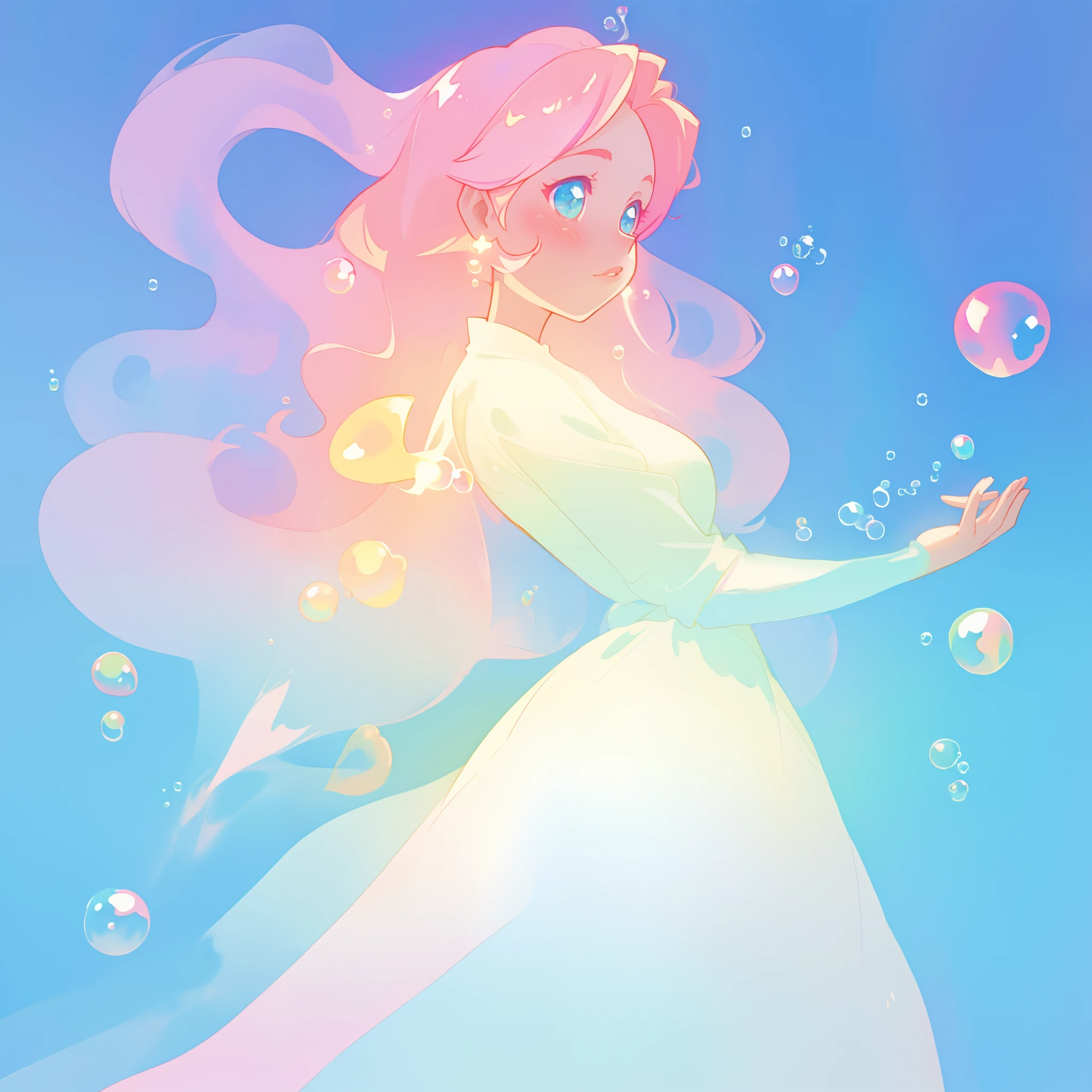 beautiful anime girl covered by hundreds of bubbles, dress made from bubbles, vibrant pastel colors, flowing long pink peach hair, (colorful), magical lights, sparkling lines of light, glowing aura around her, fantasia background, whimsical, magical, fantasy, beautiful face, ((masterpiece, best quality)), intricate details, highly detailed, sharp focus, 8k resolution, sparkling detailed eyes, liquid watercolor, (((bubbles))), SFW