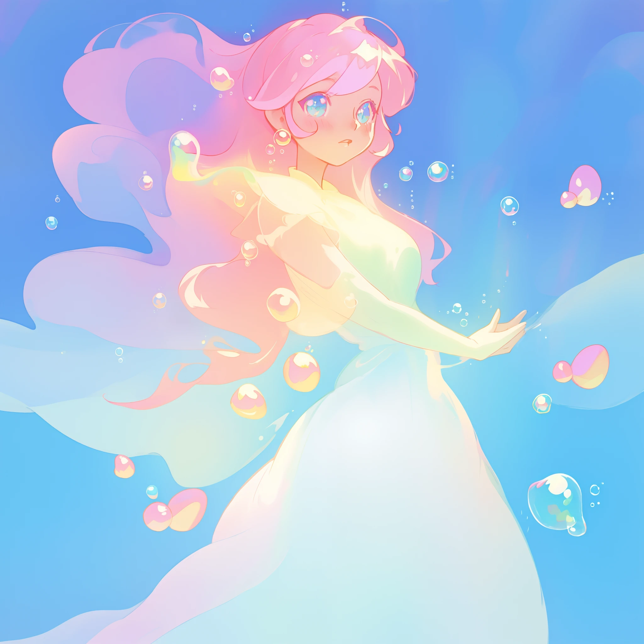 beautiful anime girl covered by hundreds of bubbles, dress made from bubbles, vibrant pastel colors, flowing long pink peach hair, (colorful), magical lights, sparkling lines of light, glowing aura around her, fantasia background, whimsical, magical, fantasy, beautiful face, ((masterpiece, best quality)), intricate details, highly detailed, sharp focus, 8k resolution, sparkling detailed eyes, liquid watercolor, (((bubbles))), SFW