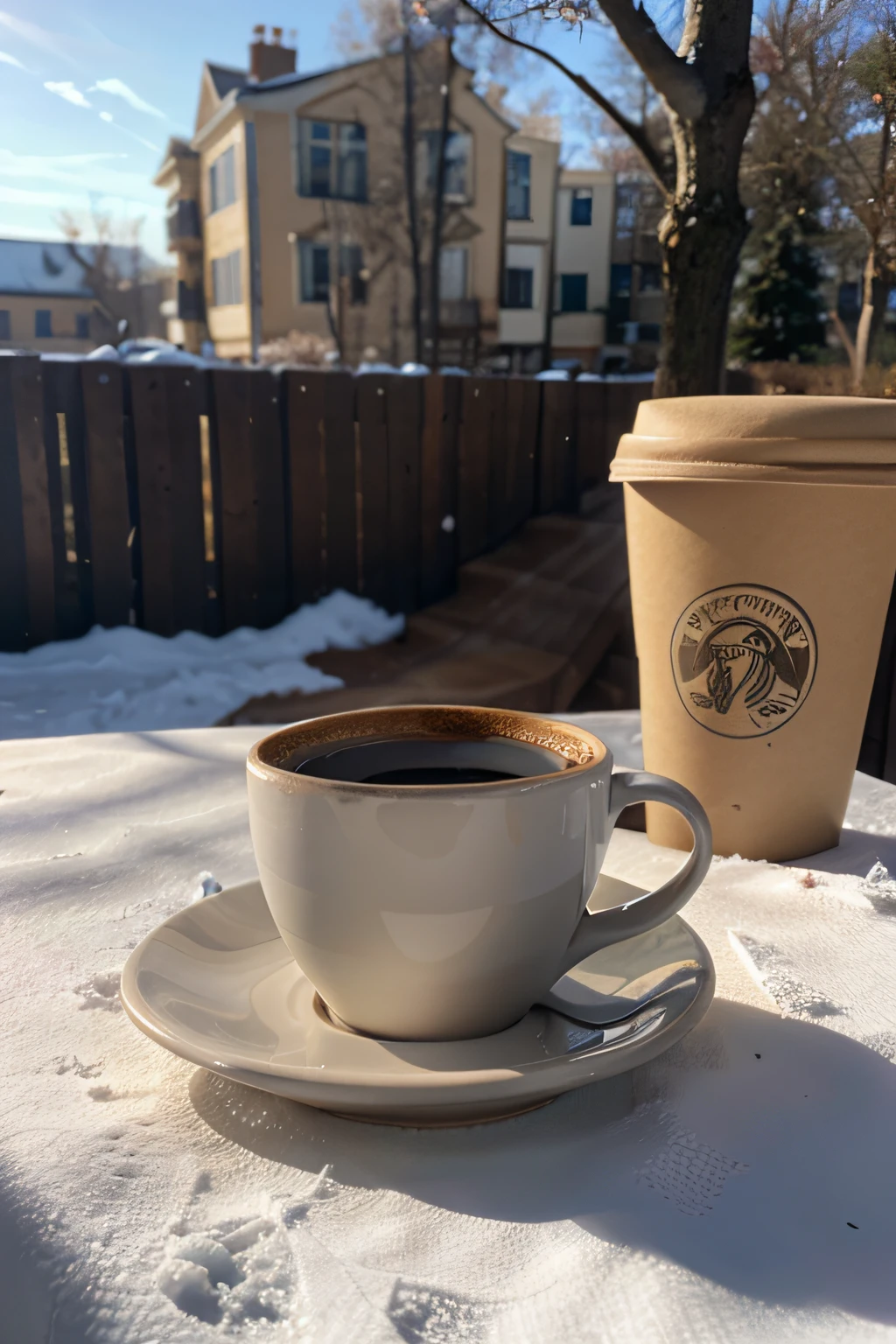 Draw a beautiful cardboard cup of coffee on the background of a winter landscape.