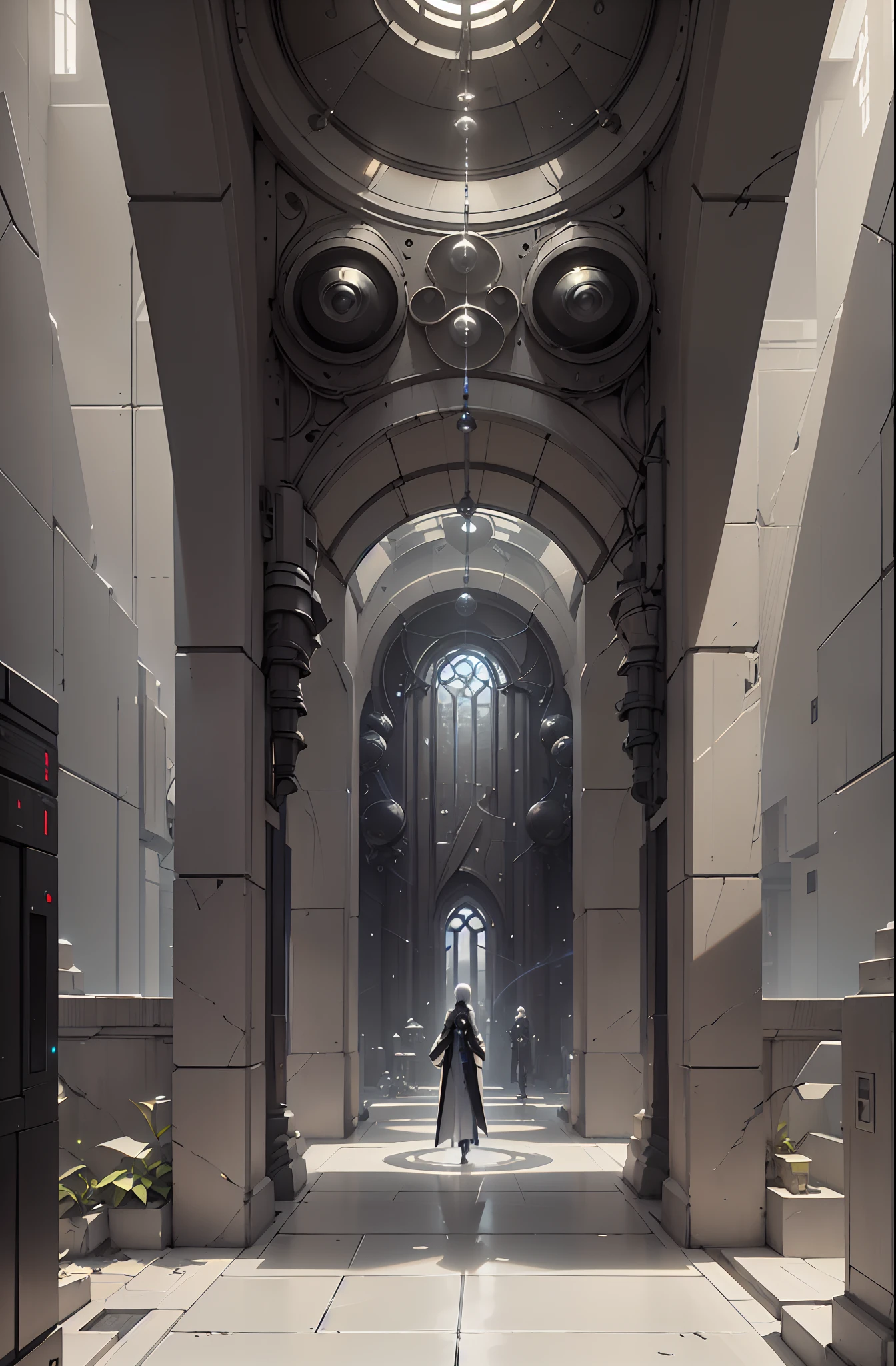 Urbanized interior. High, gigantic ceiling, temple-palace architecture. Cybernetic data center. The central part is a spherical computing artificial organism connected by many wires to monitors placed on the walls. The building is in the ancient Gothic style and looks very modern. White plastic, aluminum, polished artificial stone. 3D architectural printing. The walls are decorated with a complex geometric fractal pattern. White and gold dominate the main color range. The general stage is immersed in twilight, and the central form of the artificial organism is illuminated by white - artificial light. The shiny surface reflects surrounding objects. Lots of light bulbs - electronics. (Cyberpunk, futurism), (Ghost in the Shell style, Japanese anime.
Interior lighting, neutral-white light - warm shadows, matrix geometry, and secret symbolism decorate the floor. Tall Gothic windows - the atmosphere of the future, an alien highly developed civilization, in the side naves there are electronic holograms. Warm bright - contrasting light, light clear shadows, clear image of details, texture, decor (high image quality), (Clear high-quality render), (unreal engine), РD quality, 8K. Stylization Animation, RiotGames, Lucas Arts, Japanese cyberpunk anime, Blade Runner. Sh.R. Giger "Alien".