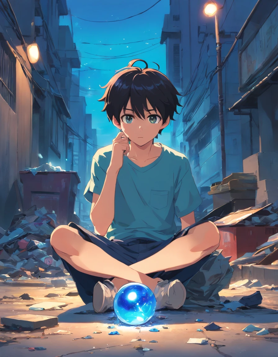 1boy, orphan, sitting on ground, holding a glowing blue pearl, shocked, shabby cloths, looking at the Perl, solo, full body, yellow eyes, sitting on ground, garbage's around him, messy hair, black hair, ripped old cloth