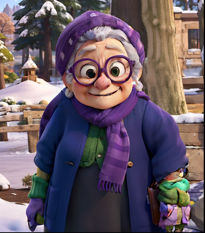 masterpiece, best quality, an old woman with glasses and a scarf on, wearing a purple coat and green scarf, standing at the park