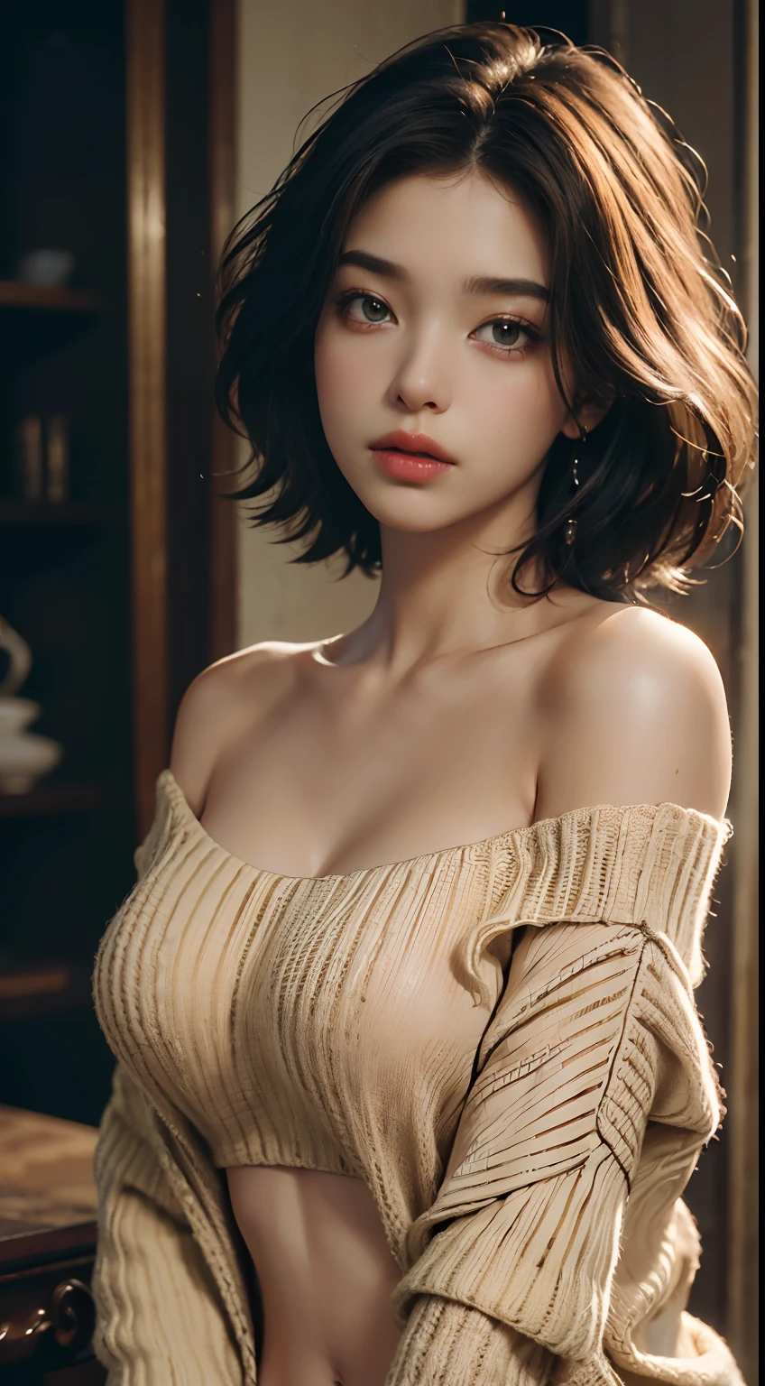 Best quality, masterpiece, ultra high res, (photorealistic:1.4), raw photo, 1girl, cream sweater, open clothes, very off shoulder, Her upper breasts were very visible, layer haircut , cinematic lighting