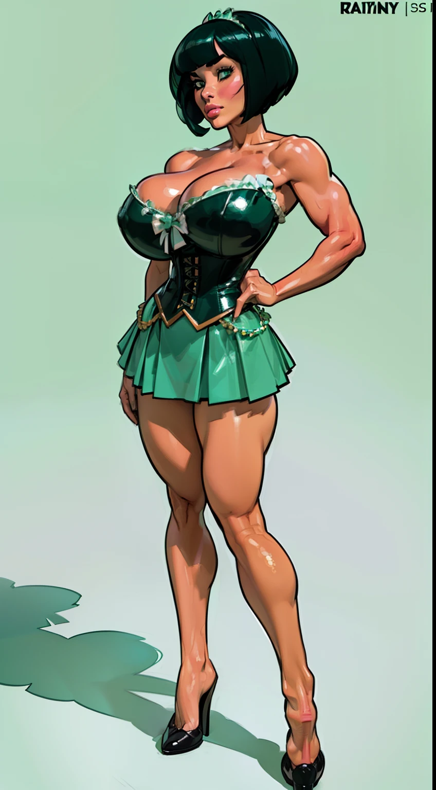 ((masterpiece)),(((best quality))),((character design sheet)), ((full body view)) illustration,1girl, muscular, ((tight mintgreen skirt:1.2)), buttercup, (mintgreen hairband),(dark black hair:1.3), greendress ((detailed face:1.4)) ((gigantic breasts:1.3)), beautiful woman, slick bobcut, (black corset:1.1)shiny skin, (thick legs), scribbles and marks, , rough sketches, pose, 8k,16k, (simple background, white background: 1.3)