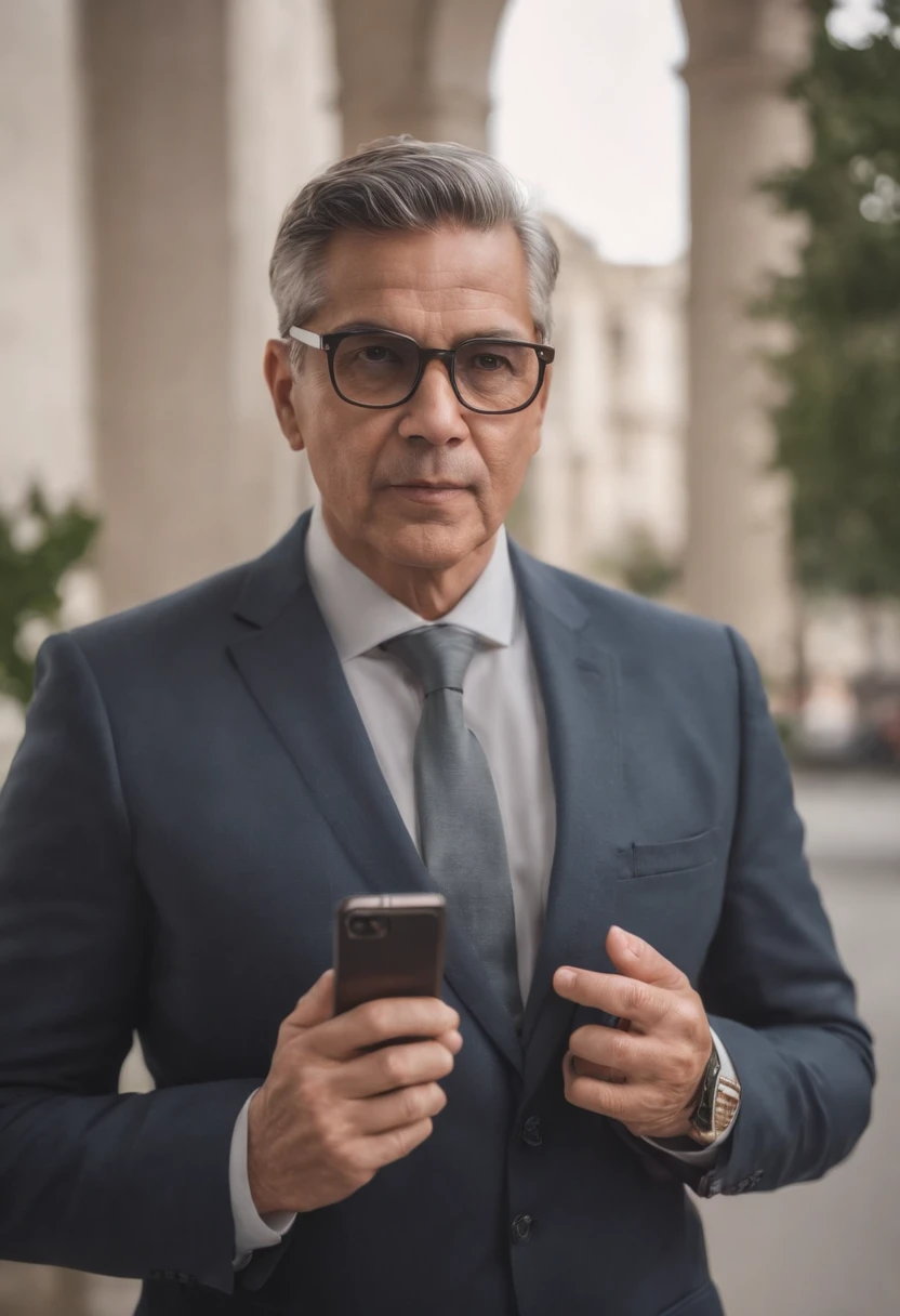 Un consultor en Seguridad, masculino, latino, of 40 years, con traje, celular y lentes