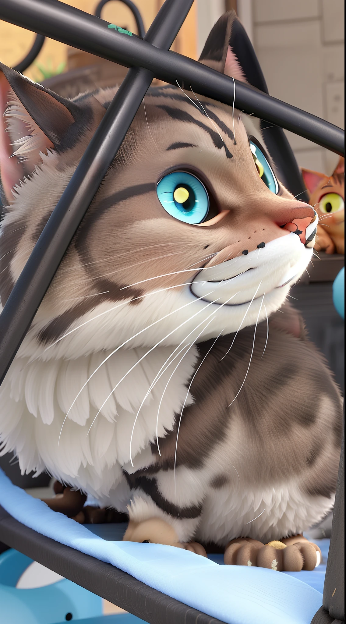 Um gato listrado cinza e preto com olhos azuis, alta qualidade, Best resolution in Disney Pixar style