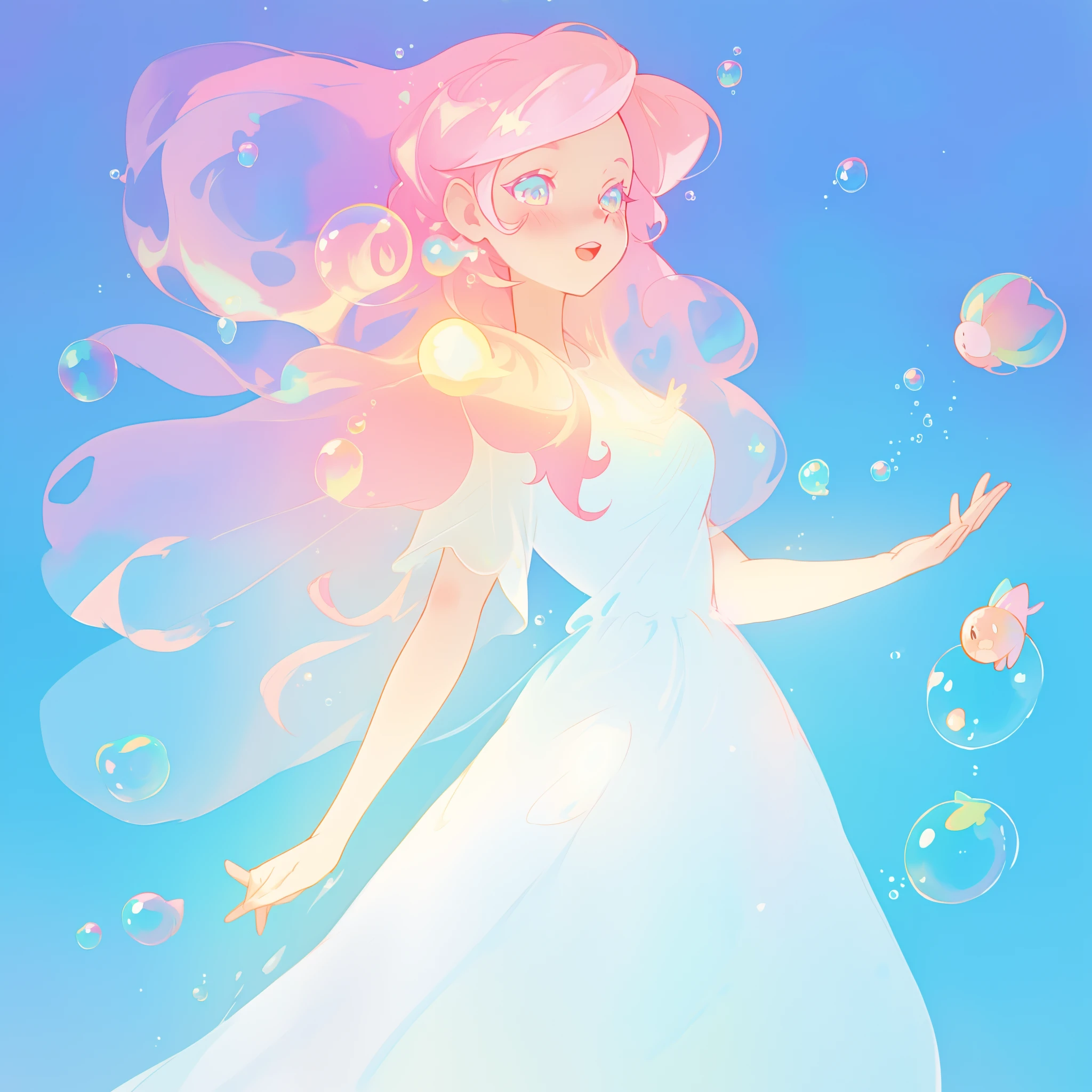 beautiful anime girl covered by hundreds of bubbles, dress made from bubbles, vibrant pastel colors, flowing long pink peach hair, (colorful), magical lights, sparkling lines of light, glowing aura around her, fantasia background, whimsical, magical, fantasy, beautiful face, ((masterpiece, best quality)), intricate details, highly detailed, sharp focus, 8k resolution, sparkling detailed eyes, liquid watercolor, (((bubbles))), SFW