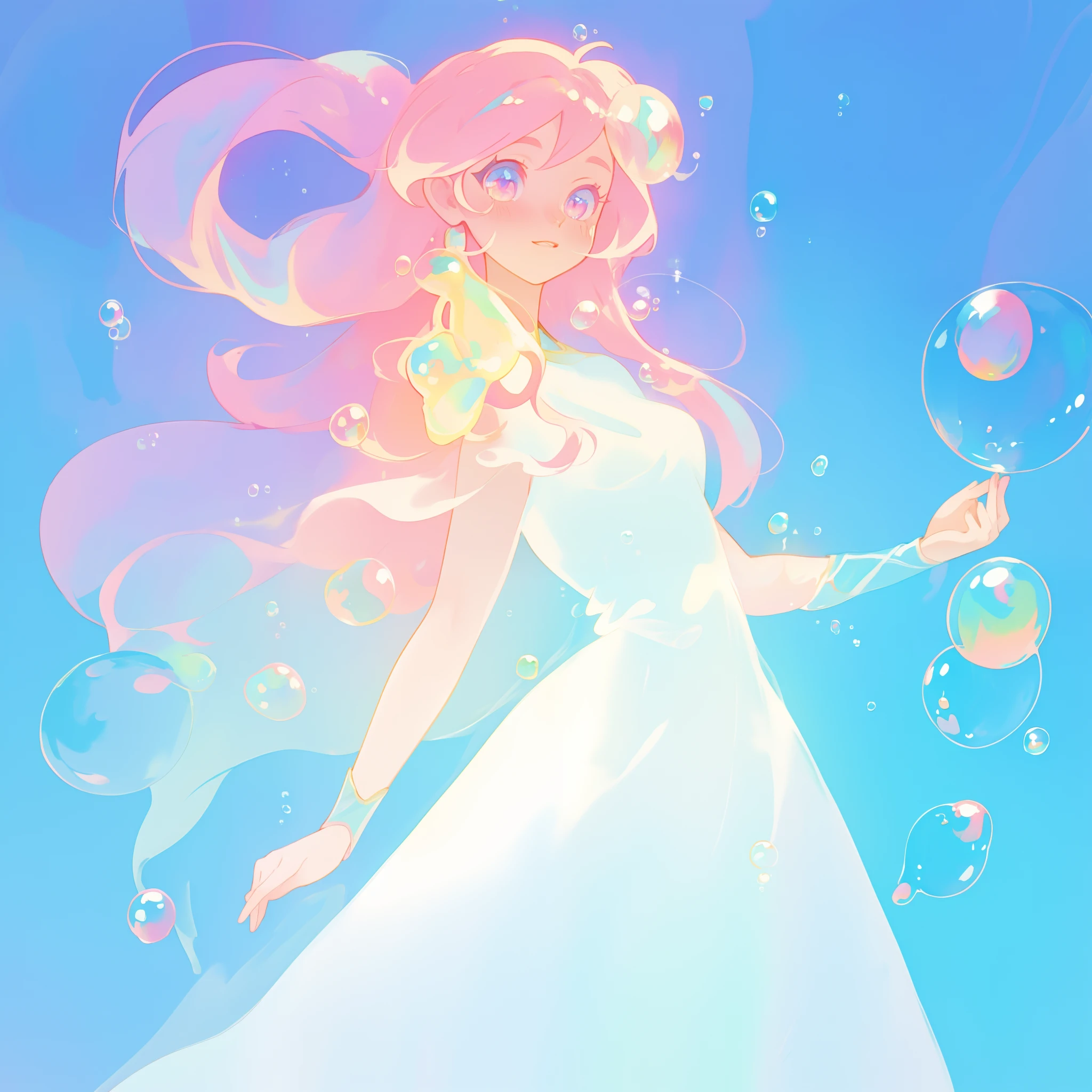 beautiful anime girl covered by hundreds of bubbles, dress made from bubbles, vibrant pastel colors, flowing long pink peach hair, (colorful), magical lights, sparkling lines of light, glowing aura around her, fantasia background, whimsical, magical, fantasy, beautiful face, ((masterpiece, best quality)), intricate details, highly detailed, sharp focus, 8k resolution, sparkling detailed eyes, liquid watercolor, (((bubbles))), SFW