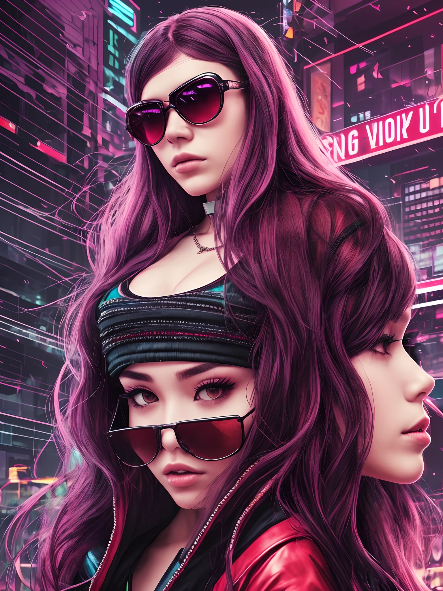 a woman standing in the middle of a street at night, cyberpunk art, inspired by Wang E, mamilos , Buceta, Pernas bem abertas, pernas levantadas, long black braided hair, with sunglass, trending photo, hip hop style, in style of lam manh, actress, 2019 trending photo, cool red jacket, in a cyberpunk themed room, young lady, grimes, photoshot, new song, - --auto --s2
