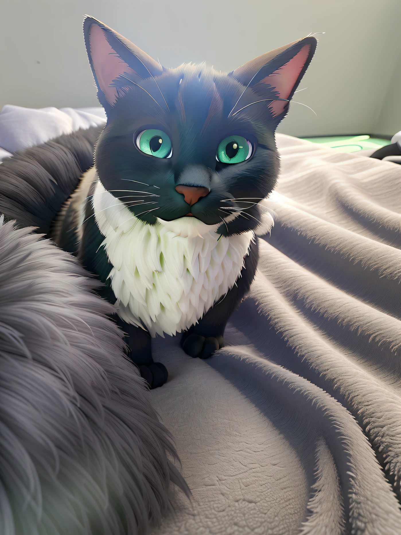 Um gato preto e branco de olhos verdes no estilo disney pixar, best resolution, alta qualidade