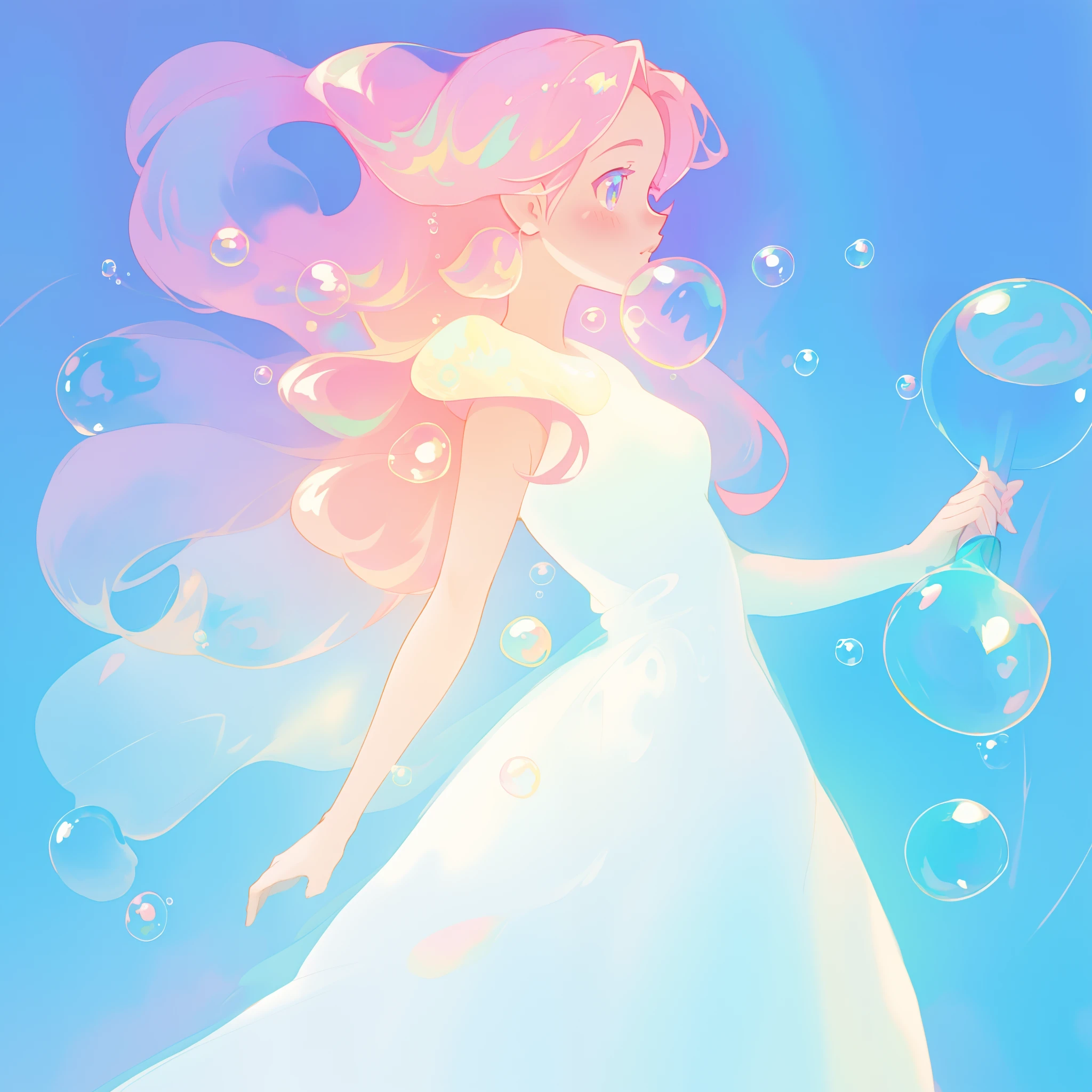 beautiful anime girl covered by hundreds of bubbles, dress made from bubbles, vibrant pastel colors, flowing long pink peach hair, (colorful), magical lights, sparkling lines of light, glowing aura around her, fantasia background, whimsical, magical, fantasy, beautiful face, ((masterpiece, best quality)), intricate details, highly detailed, sharp focus, 8k resolution, sparkling detailed eyes, liquid watercolor, (((bubbles))), SFW