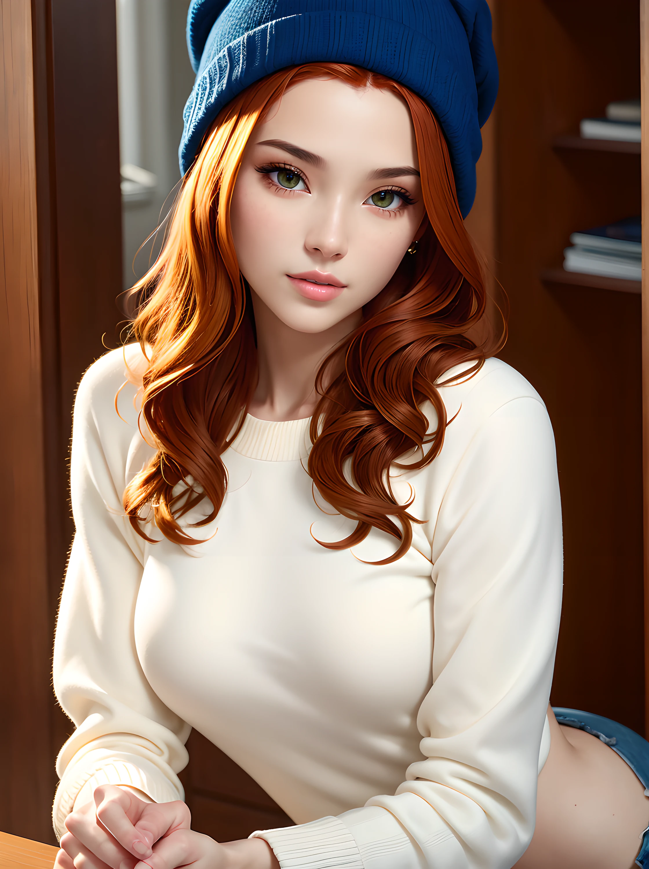 Photo of a chic young woman from a direct angle in the style of Stefan Kostic, redhead hair, knitted hat, Focus on the buttocks, Shooting too close to the buttocks, realistic skin texture, white sweatshirt, 8K, 5mm Artistic Lens, F 1.2, sharp-focus, 8K High Definition, insanely detailed, Intricate, elegant artwork by Stanley Lau and Artgerm