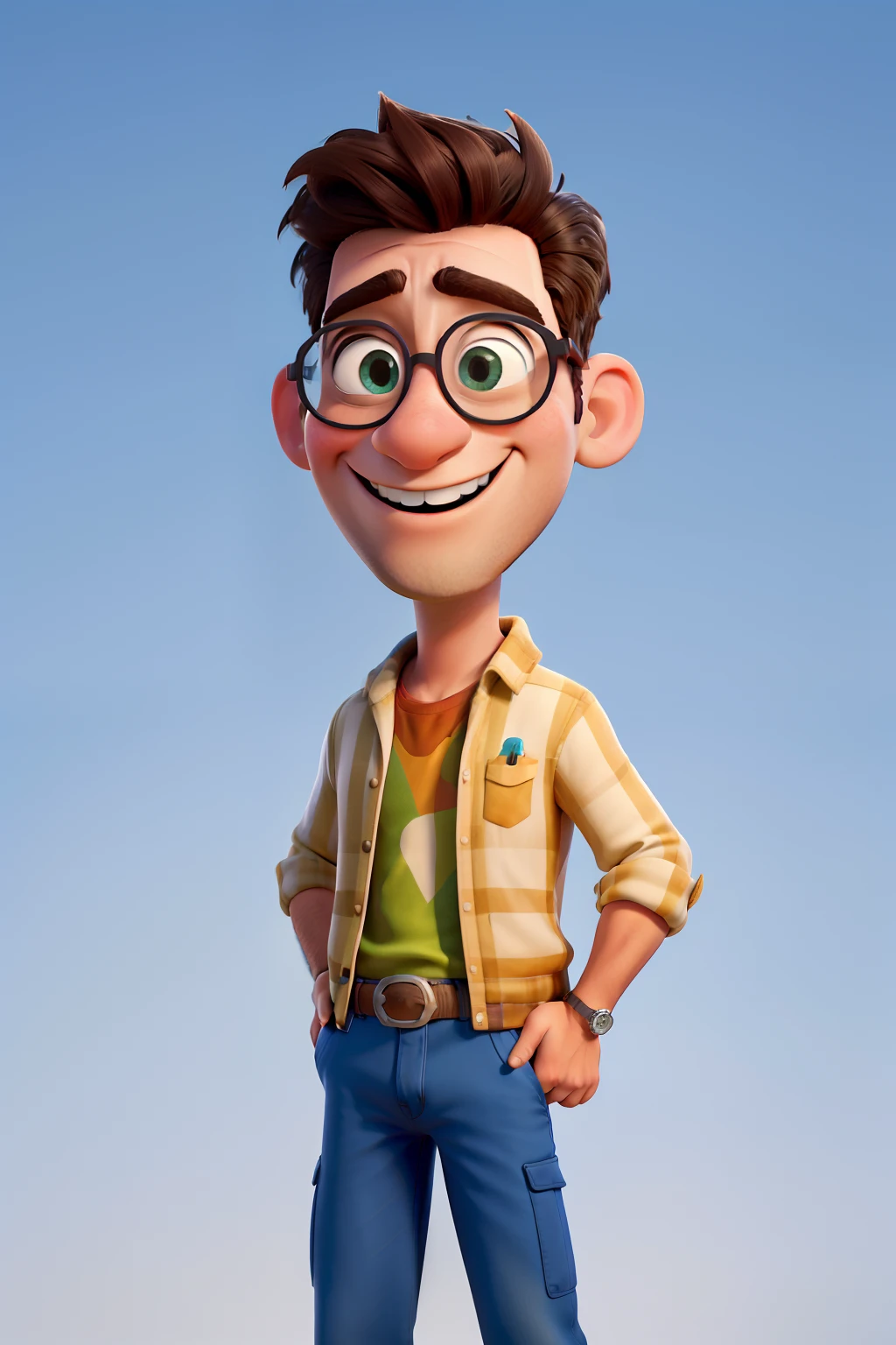 Make an art: Um homem estilo disney pixar, alta qualidade, melhor qualidade. Capa de filme famoso. Sorrindo. With eye Glasses. Nessa arte escreva DISNEY como se fosse uma capa de filme.