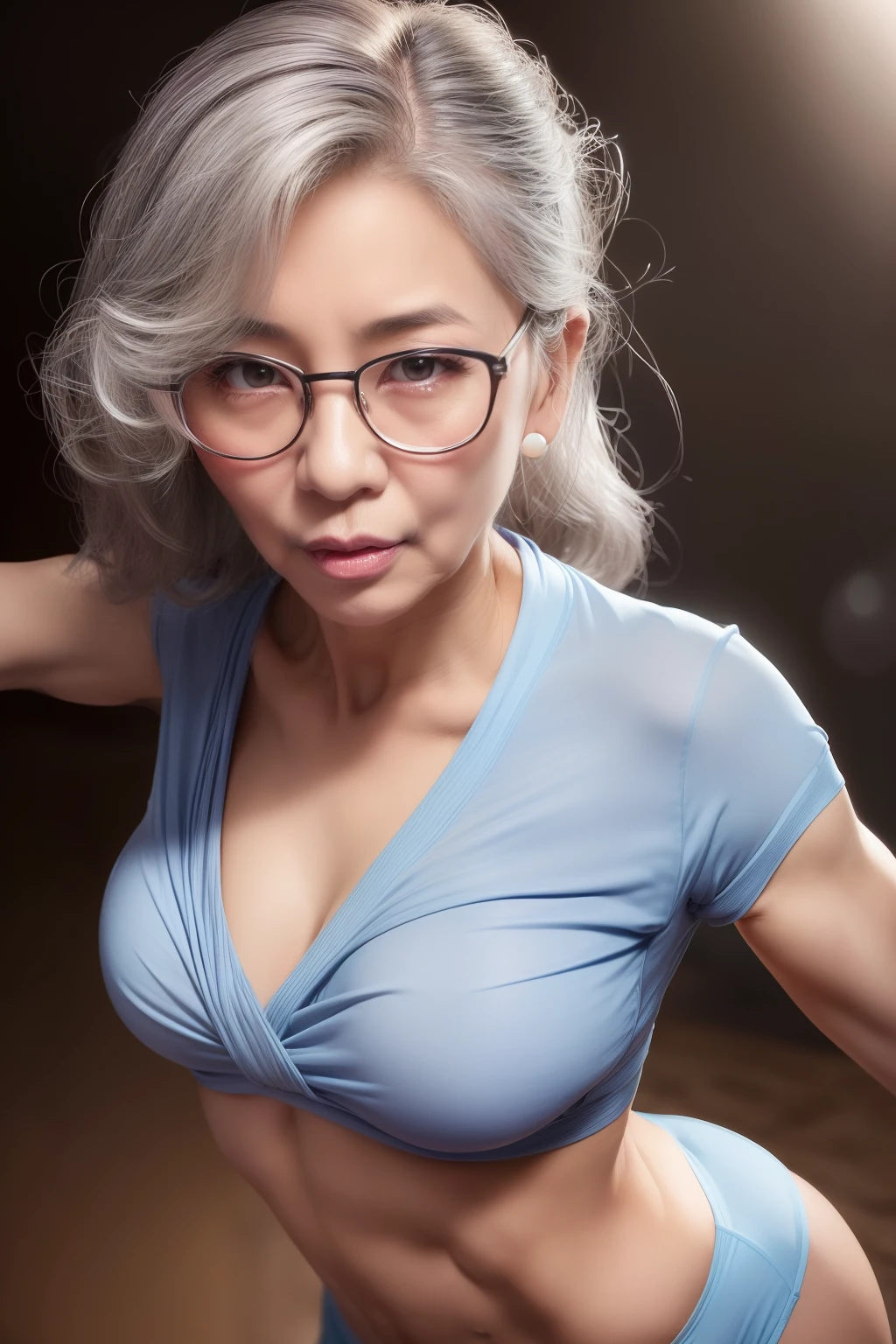 spectacled curly long grey hair older mature Vietnamese lady in unbuttoned silk very tight skimpy midriff-shirt, (abs:1.4), she is a world class BJJ expert with decades of grappling experience, (wearing light blue small panties), add_detail:1, ((beautiful feminine face)), (((ready to suck you off:1.51))), (perfect lighting), (((sultry look)))