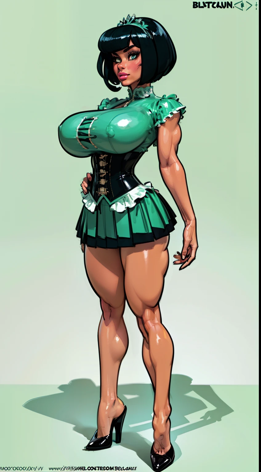 ((masterpiece)),(((best quality))),((character design sheet)), ((full body view)) illustration,1girl, muscular, ((tight mintgreen skirt:1.2)), buttercup, (mintgreen hairband),(dark black hair:1.3), greendress ((detailed face:1.4)) ((gigantic breasts:1.3)), beautiful woman, slick bobcut, (black corset:1.1)shiny skin, (thick legs), scribbles and marks, , rough sketches, pose, 8k,16k, (simple background, white background: 1.3)