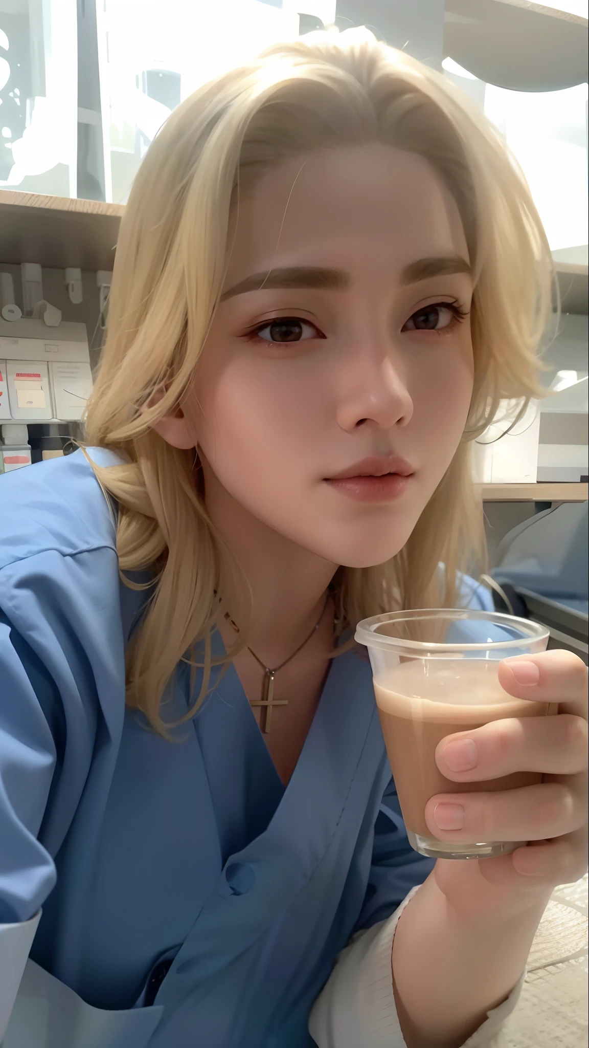 Blonde woman in scrubs holding a cup of coffee in a kitchen, stood in a lab, segurando uma bebida, drinking a strawberry iced latte, drinking a coffee, com uma bebida, florence pugh, com gotejamento IV, imagem de perfil, working in her science lab, foto do perfil, drinking coffee, drinking a cup of coffee, cavalos