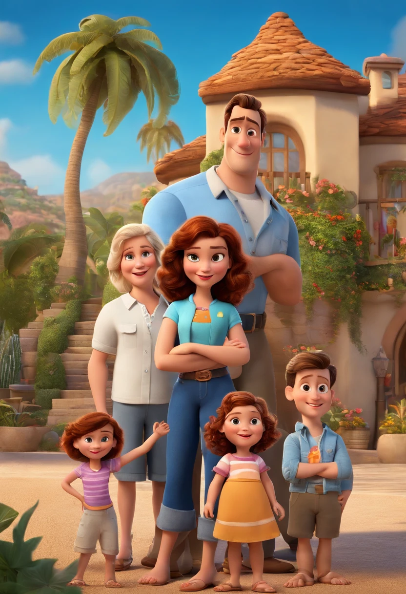a Disney Pixar movie poster showing a white-skinned family. The father is the tallest, cabelos curtos e castanho. The mother has brown eyes and hair, shoulder-length and is slightly overweight. A menina tem 2 meses. The background is a beach garden. 3D-rendering