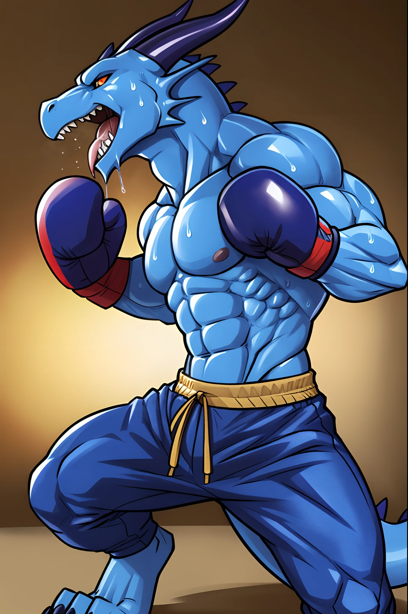 ((solo) full height):1, (anthro) blue dragon, lora, adult, mature, masculine, slim:1.2, skinny:1.2, tall:1, (correct anatomy:1.2), vascular veins, (correct proportions:1.3), topless, (shirtless, bare paws, boxing gloves, black sweatpants), ultradetailed, (by wfa:1.2), (by takemoto_arashi, by vorusuarts, by Traver009:1, by grimfaust:1), natural lighting ((boxing ring):1.4 background), (sweat:1.4, wet:1.6), (lots of sweat flowing down) exhausted, dragon head ((open:1 eyes, detailed):1.2), open mouth (steaming breath:1.2, drooling, dripping saliva, thick drool) tongue sticking out, (serious:1.4) expression), in pain, bruises:1