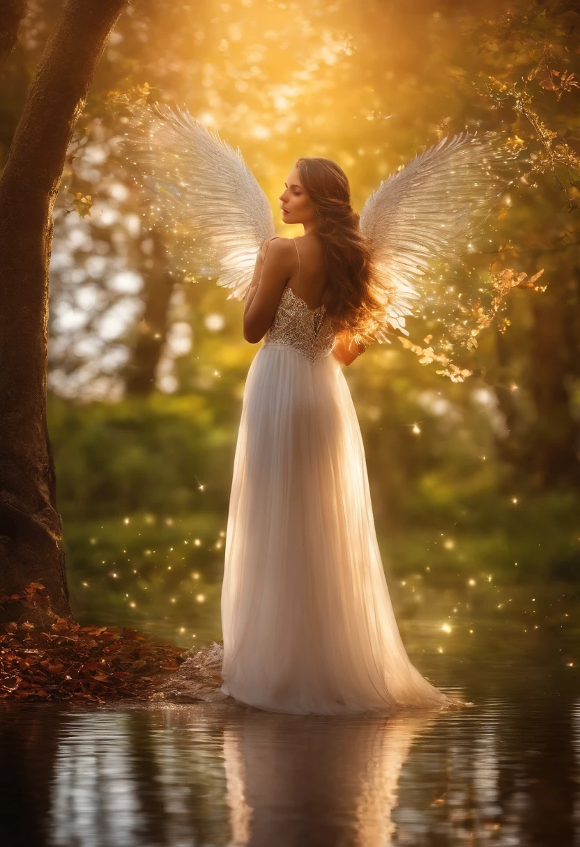 Crie uma cena encantadora onde a natureza e a fantasia se encontram, In this magical setting, An Extraordinary Tree Comes to Life, She's a tree with wings, Like you're a keeper of the forest's secrets, Photomanipulation style that combines elements of nature with a playful and wonderful feeling. em especial asas espetaculares que se estendem a partir de seus galhos superiores. Wings should feel light and ethereal, As if the tree was about to take flight. Use vivid and saturated colors to bring the scene to life. The leaves of the tree can be bright green with touches of magical colors, como azul e dourado, espalhados pelas folhas e asas. The background should be a representation of a magical sky, with soft colors that convey a sense of dreaminess and charm. There may be fluttering clouds and twinkling stars in the sky, uma atmosfera que transmita o encanto da imagem. Add sparkles and light effects that enhance the sense of magic and wonder, cores muito brilhantes, light particles, com luz brilhante, Mshiff, Arte do papel de parede, Papel de parede UHD