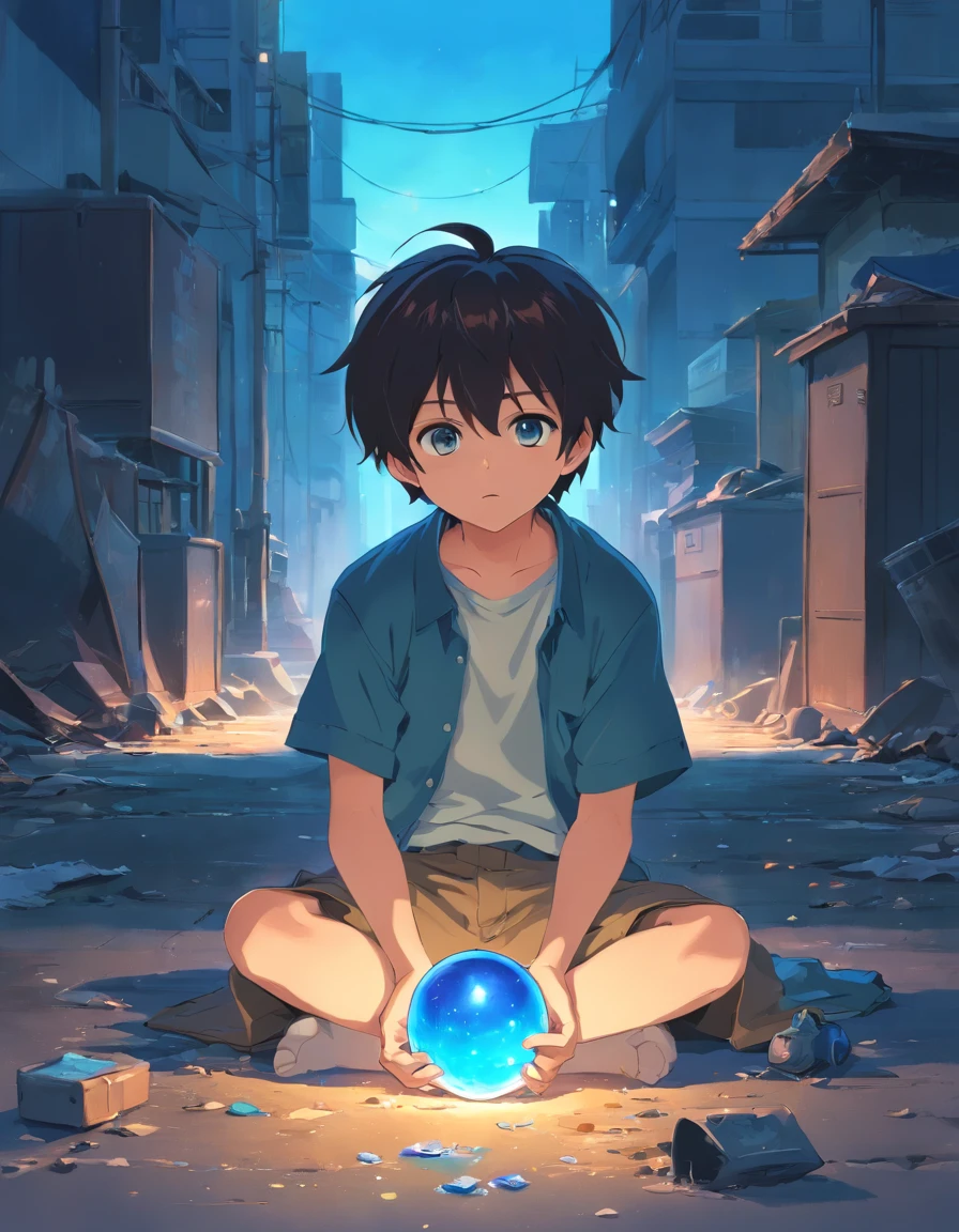 1boy, orphan, sitting on ground, holding a glowing blue pearl, shocked, shabby cloths, looking at the Perl, solo, full body, yellow eyes, sitting on ground, garbage's around him, messy hair, black hair, ripped old cloth