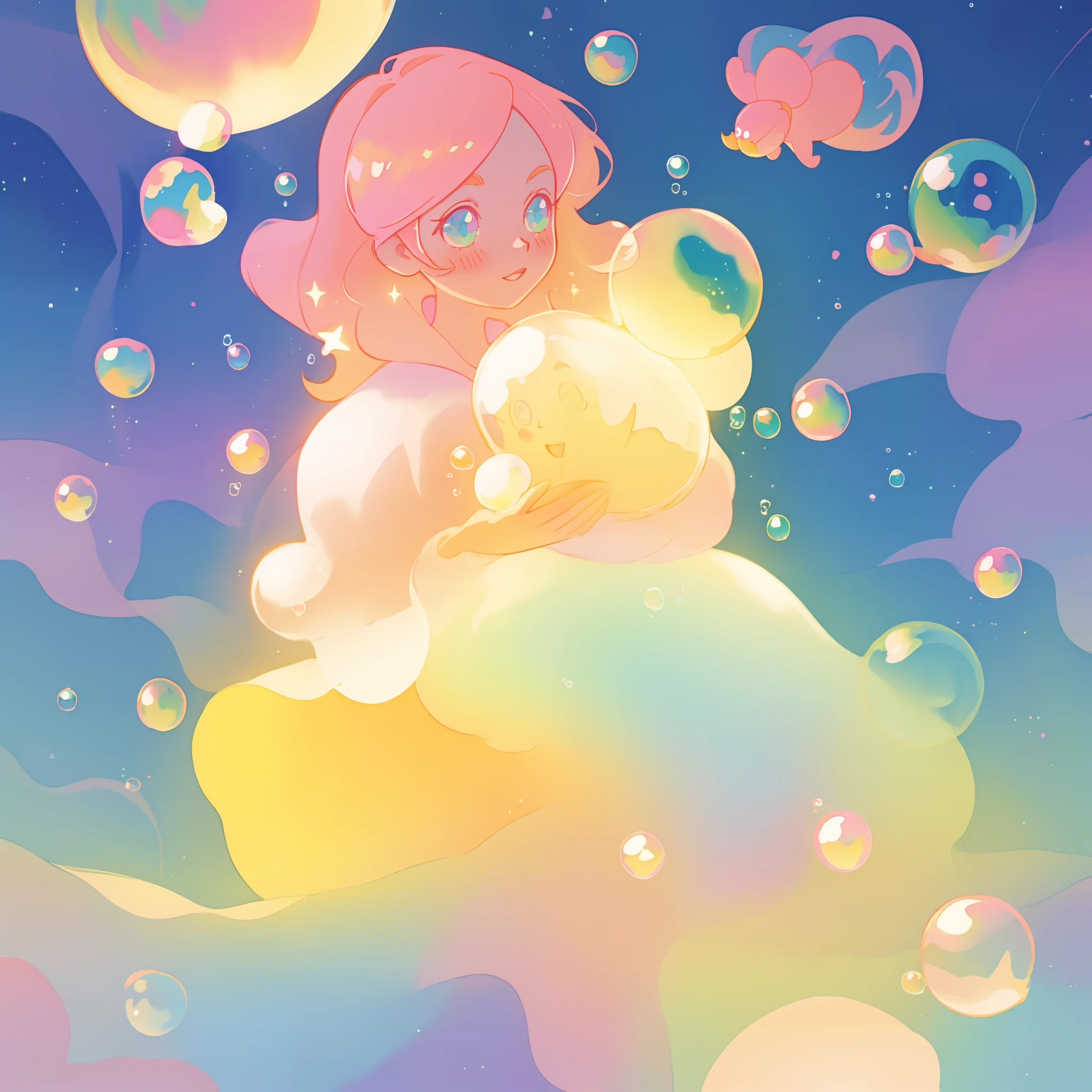 beautiful anime girl covered by hundreds of bubbles, golden ratio, dress made from bubbles, vibrant pastel colors, flowing long pink peach hair, (colorful), magical lights, sparkling lines of light, glowing aura around her, fantasia background, whimsical, magical, fantasy, beautiful face, ((masterpiece, best quality)), intricate details, highly detailed, sharp focus, 8k resolution, sparkling detailed eyes, liquid watercolor, (((bubbles))), SFW