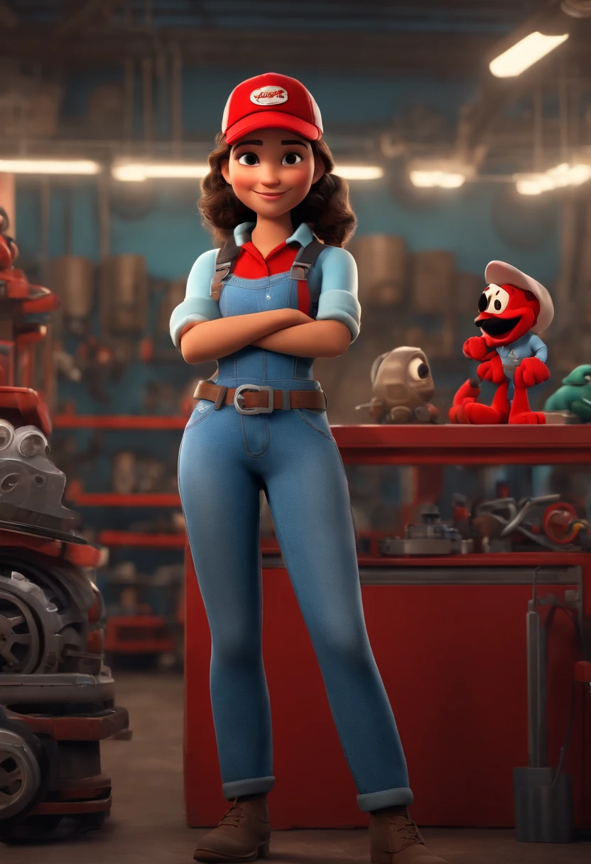 character, girl, arms crossed, young, mechanic style, wearing jeans and light blue long sleeve shirt, wearing a red cap, 3d mascot, disney pixar style, a workshop, mascots in the foreground in high quality