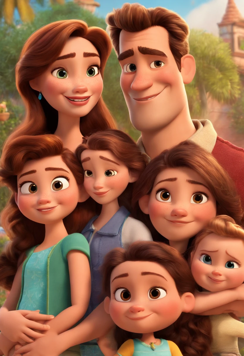 a poster from the Disney Pixar movie showing a family with 3 white-skinned people. The father is the tallest, cabelos curtos e castanho. The mother has brown eyes and hair, shoulder-length and is slightly overweight. A tem 2 meses. The background is a beach garden. 3D-rendering