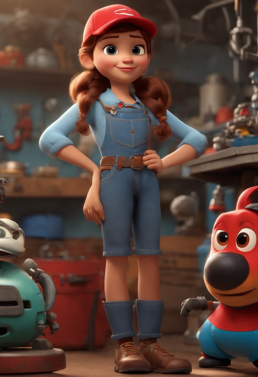 character, girl, arms crossed, young, 15 years old mechanic style, wearing jeans and light blue long sleeve shirt, wearing a red cap, 3d mascot, disney pixar style, a workshop, mascots in the foreground in high quality
