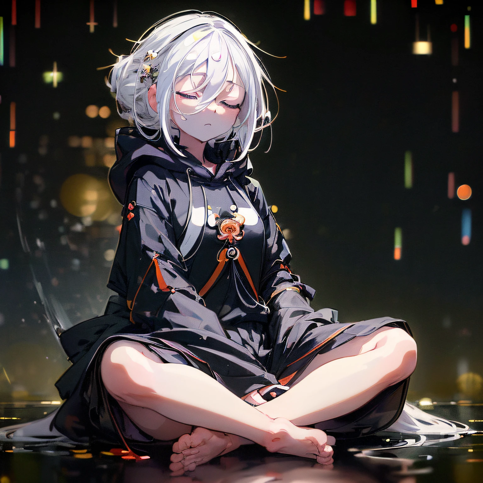 (masterpiece, best quality, full body, portrait, extremely detailed:1.5) anime style, meditating, 2d portrait, 1girl, solo focus, A girl with white hair, cute, flat colors, black hoodie, (black clothing), ((meditating, closed eyes, ((bokeh))