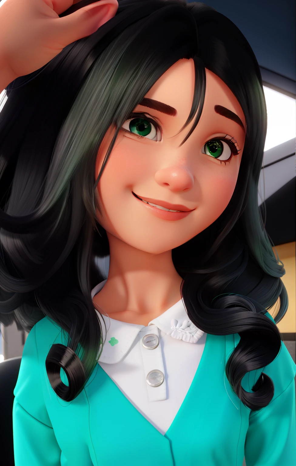 uma menina linda, cabelo preto longo e encaracolado, vestindo um vestido verde, usando um colar
