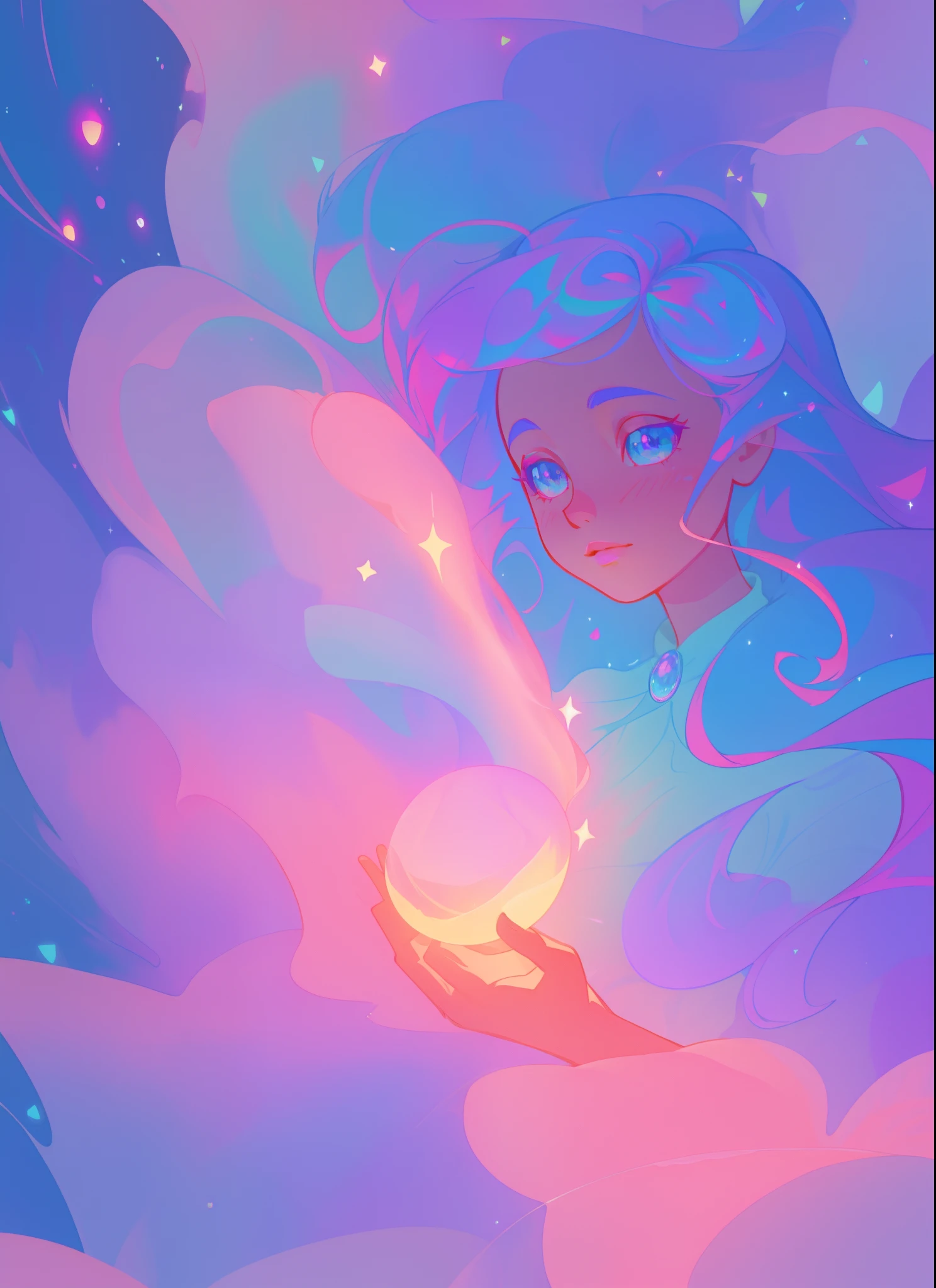beautiful anime girl in colorful flowing ballgown, shimmering peach pink purple ballgown, blue pink and purple colors, vibrant pastel colors, (colorful), magical lights, magic circle of blue light, sparkling lines of light, inspired by Glen Keane, inspired by Lois van Baarle, disney art style, by Lois van Baarle, glowing aura around her, by Glen Keane, jen bartel, glowing lights! digital painting, flowing glowing hair, glowing flowing hair, beautiful digital illustration, fantasia background, whimsical, magical, fantasy, beautiful face, ((masterpiece, best quality)), intricate details, highly detailed, sharp focus, 8k resolution, sparkling detailed eyes, liquid watercolor