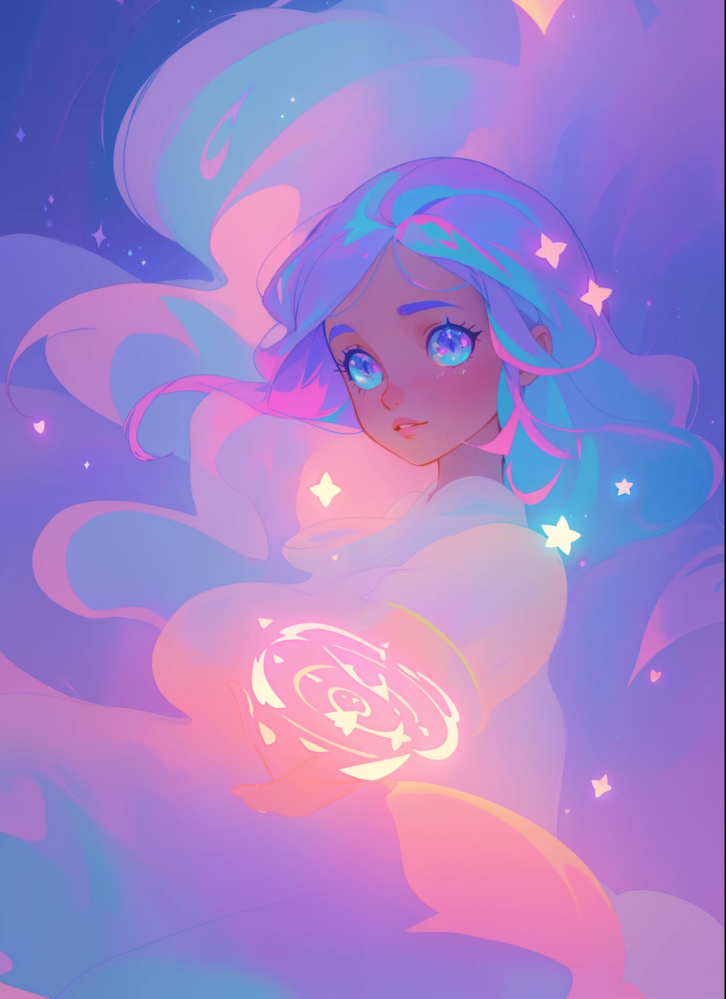 beautiful anime girl in colorful flowing ballgown, shimmering peach pink purple ballgown, blue pink and purple colors, vibrant pastel colors, (colorful), magical lights, magic circle of blue light, sparkling lines of light, inspired by Glen Keane, inspired by Lois van Baarle, disney art style, by Lois van Baarle, glowing aura around her, by Glen Keane, jen bartel, glowing lights! digital painting, flowing glowing hair, glowing flowing hair, beautiful digital illustration, fantasia background, whimsical, magical, fantasy, beautiful face, ((masterpiece, best quality)), intricate details, highly detailed, sharp focus, 8k resolution, sparkling detailed eyes, liquid watercolor