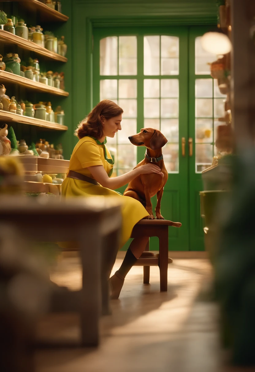 Post 3d pixar disney Woman in light brunette apron with dachshund dog on her lap in a green, yellow and white environment with shelves with collars and decorated glass windows for the Christmas environmentPet Shop