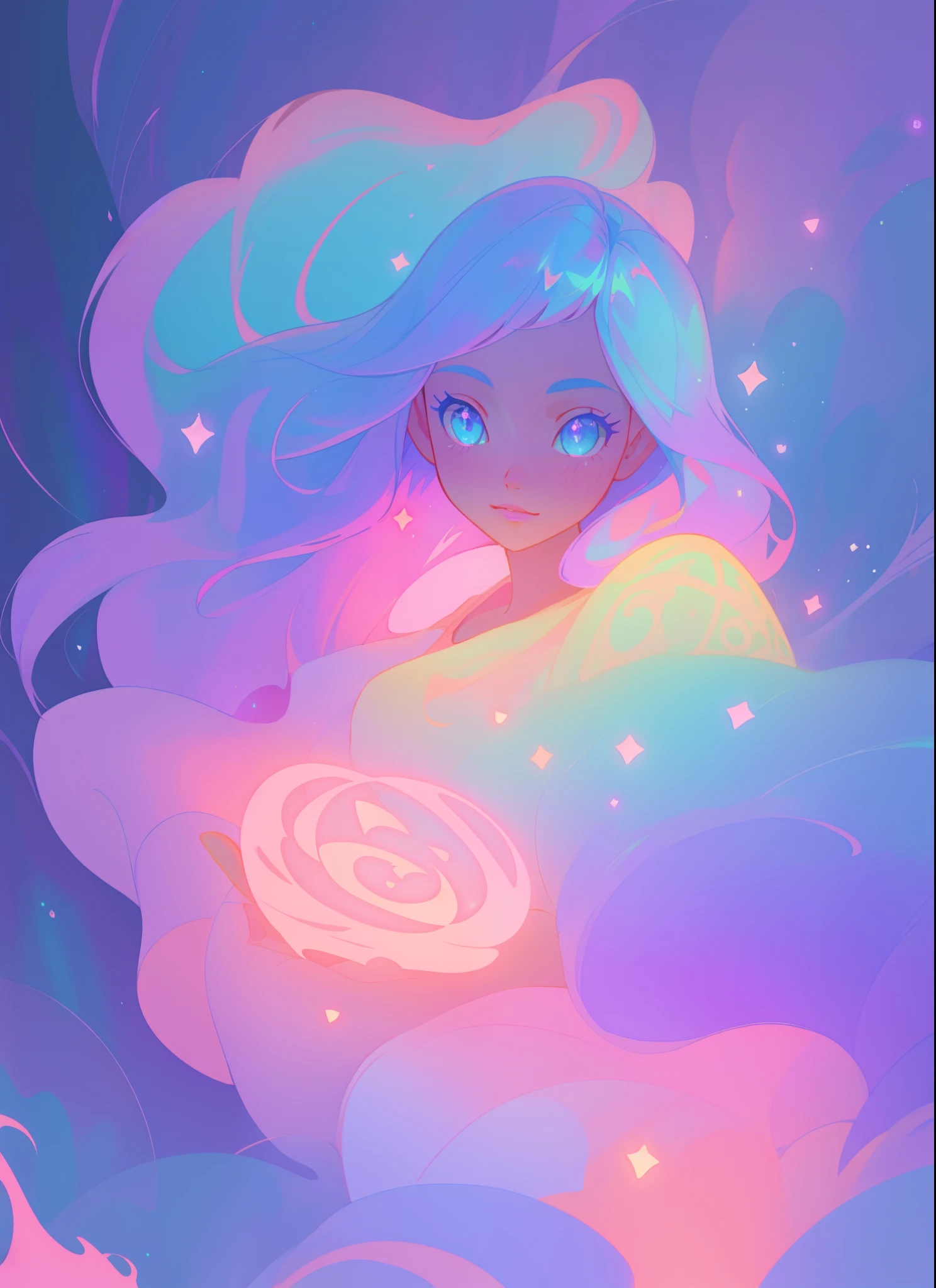 beautiful anime girl in colorful flowing ballgown, shimmering peach pink purple ballgown, blue pink and purple colors, vibrant pastel colors, (colorful), magical lights, magic circle of blue light, sparkling lines of light, inspired by Glen Keane, inspired by Lois van Baarle, disney art style, by Lois van Baarle, glowing aura around her, by Glen Keane, jen bartel, glowing lights! digital painting, flowing glowing hair, glowing flowing hair, beautiful digital illustration, fantasia background, whimsical, magical, fantasy, beautiful face, ((masterpiece, best quality)), intricate details, highly detailed, sharp focus, 8k resolution, sparkling detailed eyes, liquid watercolor