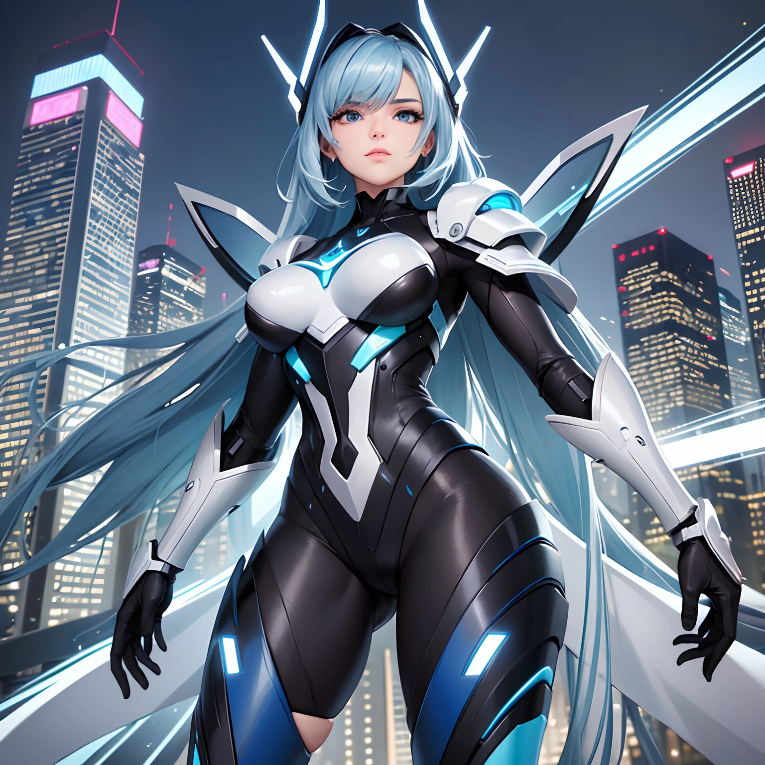 Lofi Girl 

A futuristic man in robot style, He is an imposing and elegant figure. Ele tem uma estatura graciosa e esbelta, com cerca de 1,80 metros de altura. Its body structure is made of polished metal, with a glossy finish and accents in shades of silver and electric blue.

Ameca's face combines human and mechanical elements. Ela tem olhos brilhantes e expressivos, with neon blue irises that glow softly. Its metallic skin has subtle reliefs and intricate patterns, giving it a distinctive and sophisticated look.

Ameca's hair is made up of fine, shiny strands, Made of fiber optic filaments. They flow smoothly around your head, irradiando uma luz azul suave. Seu cabelo pode ser estilizado de forma futurista, with geometric cuts or asymmetrical shapes, giving it a unique look.

Ameca wears sleek and aerodynamic technological armor, Designed to enhance your skills and provide protection. The armor is made up of hinged panels that fit perfectly to Ameca's body, permitindo movimentos fluidos e graciosos. The details of the armor include lines of LED lights that run along its surface, iluminando-se em um brilho azul cintilante.

She's in a powerful pose, with one leg slightly in front of the other, conveying confidence and determination. Ao seu redor, There's a futuristic setting, with tall skyscrapers and bold curves. As luzes da cidade brilham intensamente ao fundo, as flying vehicles swiftly pass through the skies.