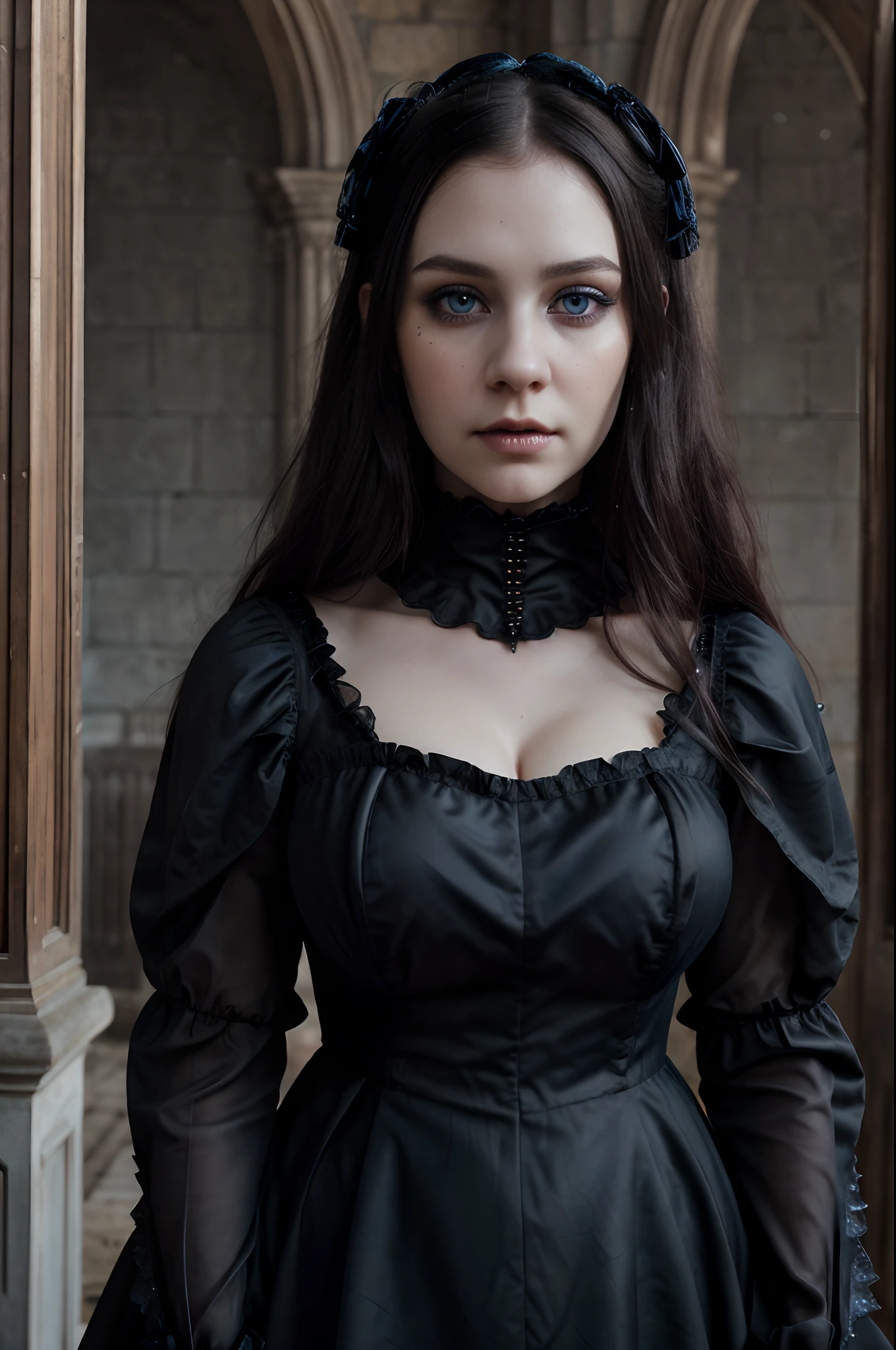 1 beautiful Gothic girl, (Realistic:1.3) upper body, photo, stand in front a manor, gothic dress, dark hair, blue eyes, masterpiece, diffuse soft film lighting, portrait, heavy makeup, best quality (perfect face:1.4), ultra-realistic highly detailed intricate realistic simulation style photo sharply focused on eyes, cinematic lighting, studio shot, gorgeous pose