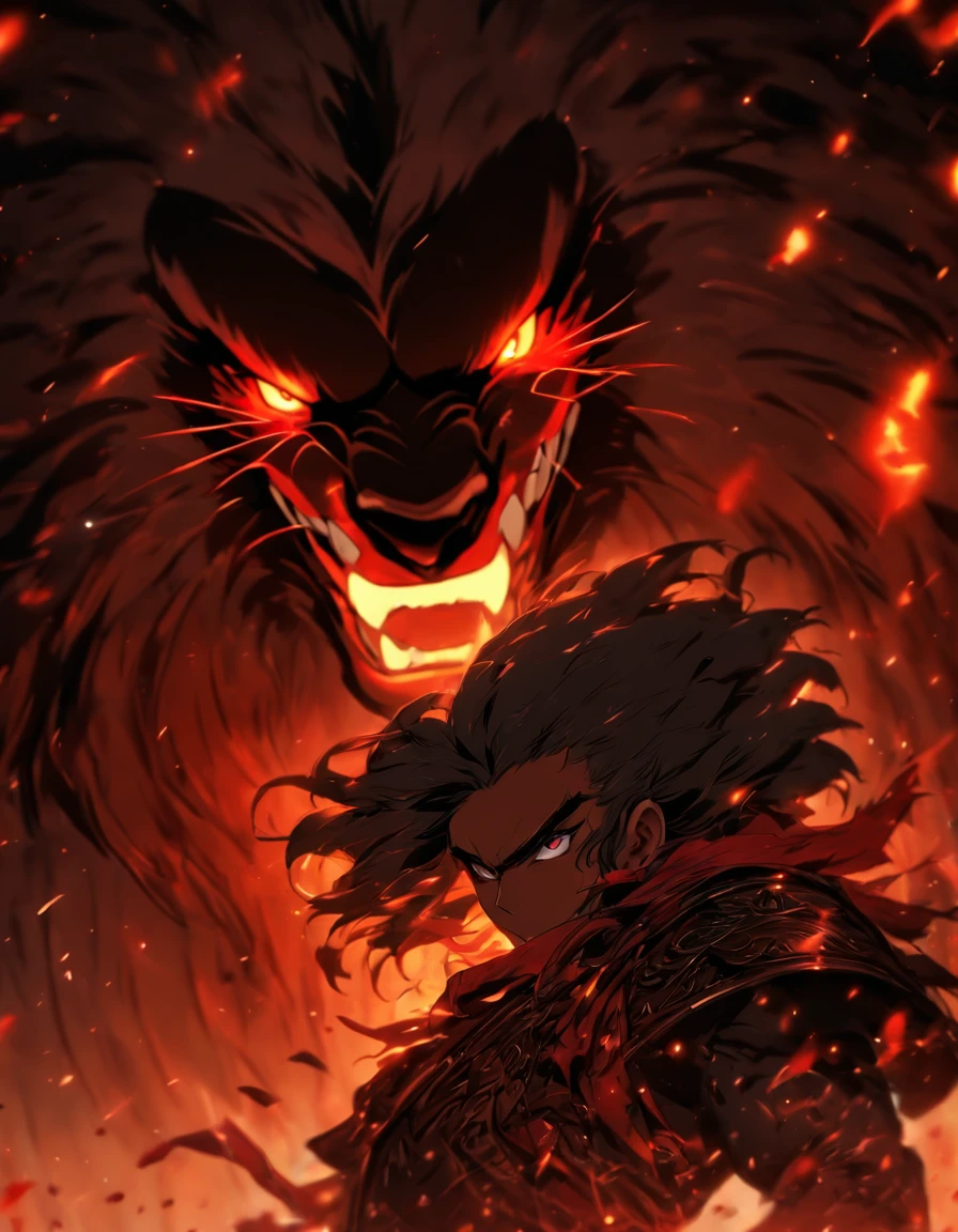 menina cabelo grande e preto com franja , rosto arendondad ferida e sangrenta, Smiling wickedly with blood on his lips, Standing before a proud roaring black lion, With the lighting falling from above, no estilo de gongbi, Epic black-and-black scenarios, photo-realistic