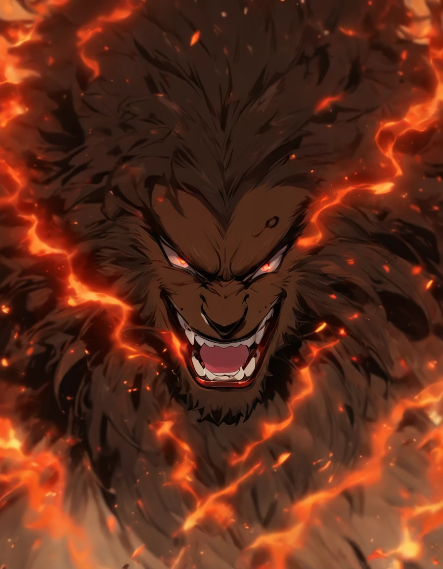 cabelo grande e preto com franja , rosto arendondad ferida e sangrenta, Smiling wickedly with blood on his lips, Standing before a proud roaring black lion, With the lighting falling from above, no estilo de gongbi, Epic black-and-black scenarios, photo-realistic