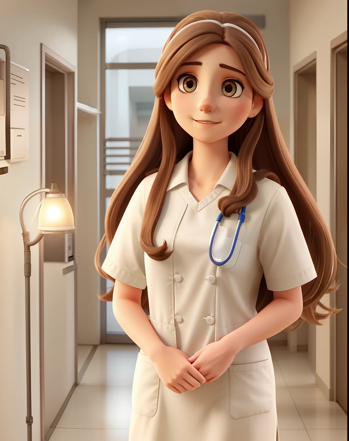 A wise young white woman with long brown hair, jaleco branco, Nurse standing in front, illuminated by the light of a lamp, contra o pano de fundo de um hospital